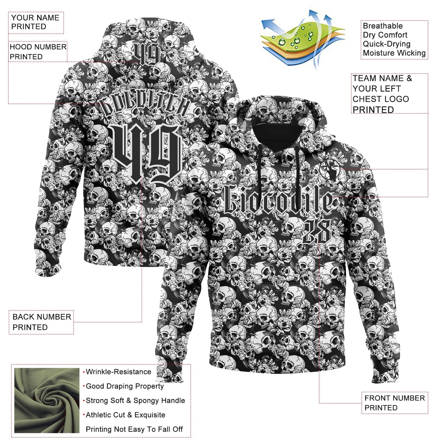 Custom Black White 3D Skull Roses Gothic Sports Pullover Sweatshirt Hoodie view 2