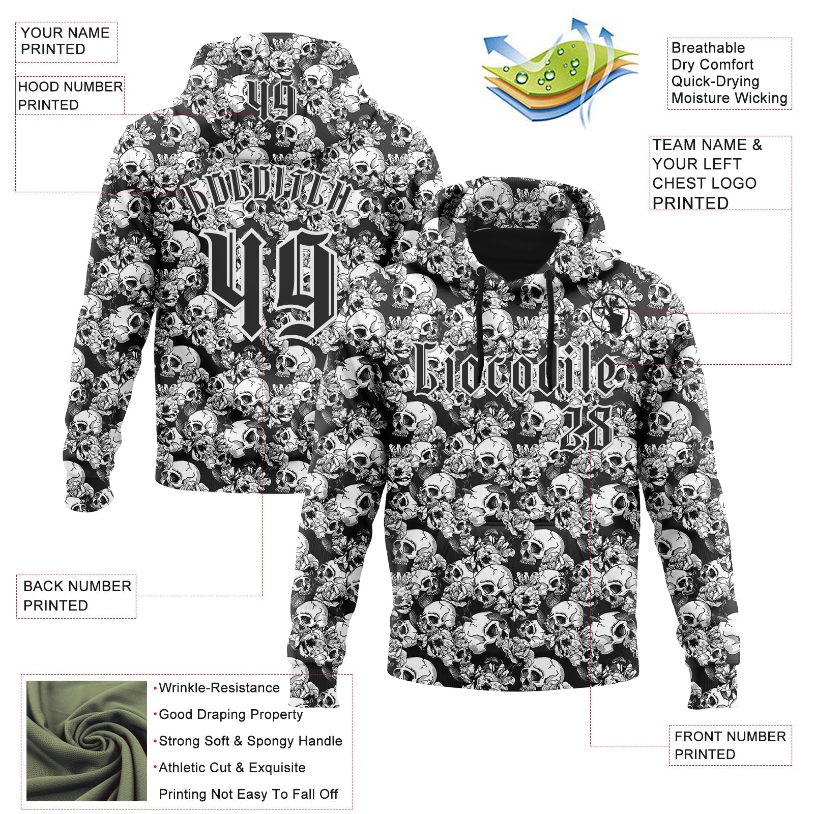 Custom Black White 3D Skull Roses Gothic Sports Pullover Sweatshirt Hoodie view 2