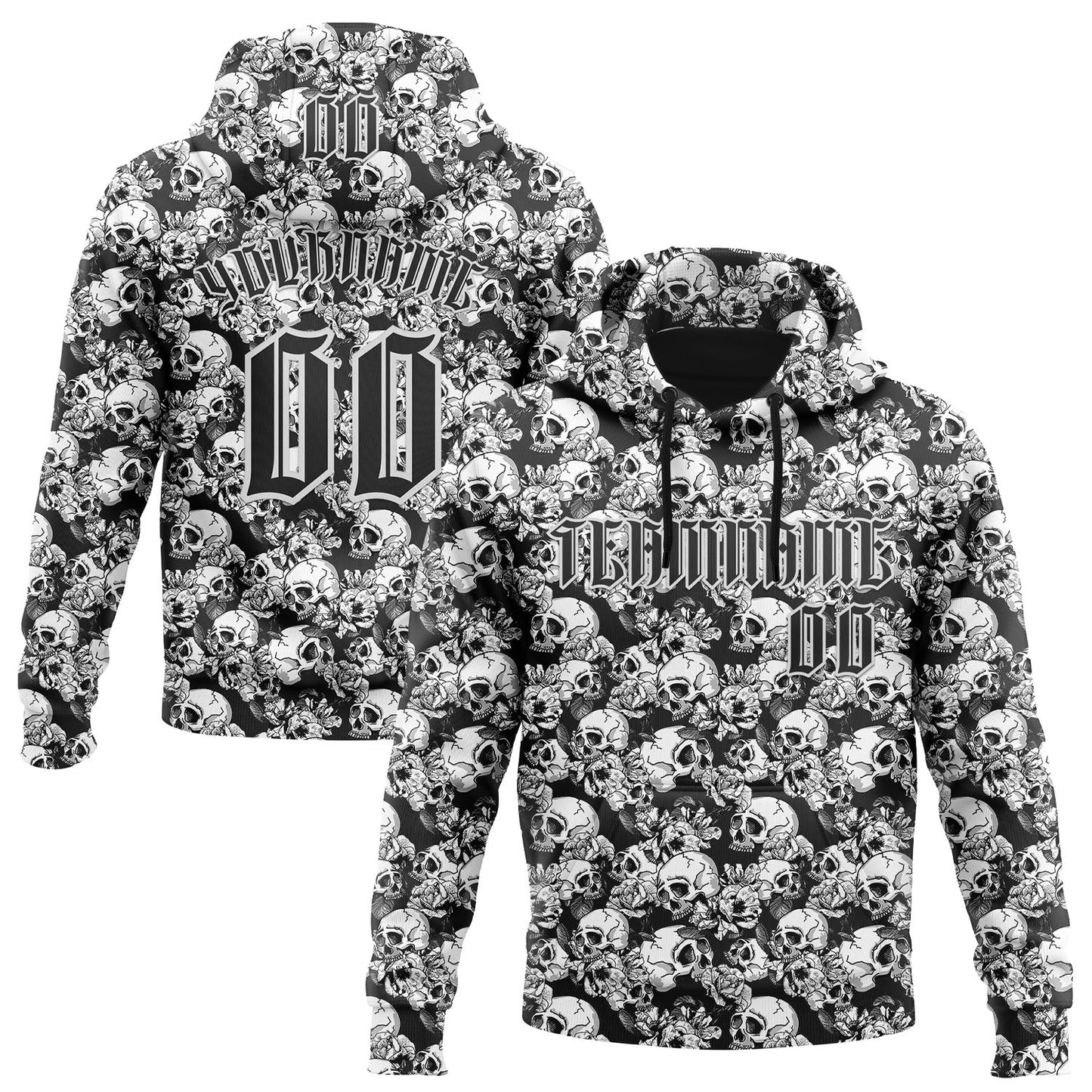 Custom Black White 3D Skull Roses Gothic Sports Pullover Sweatshirt Hoodie - Main View