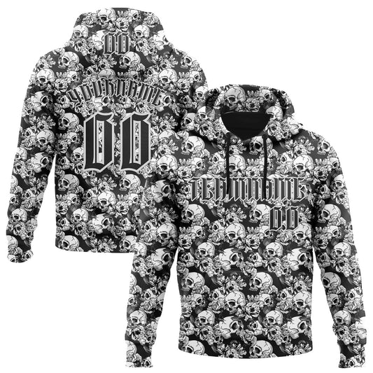 Custom Black White 3D Skull Roses Gothic Sports Pullover Sweatshirt Hoodie - Main View