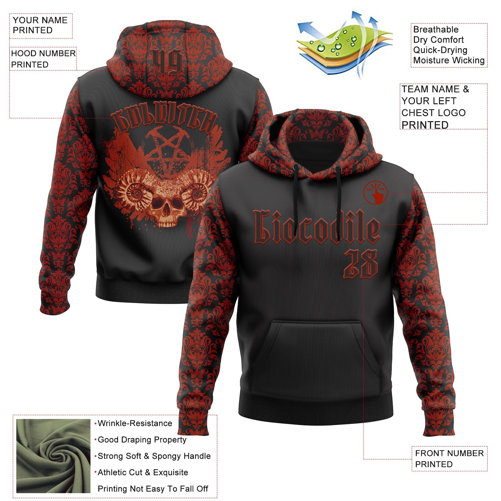 Custom Black Red 3D Skull Gothic Vintage Sports Pullover Sweatshirt Hoodie view 2