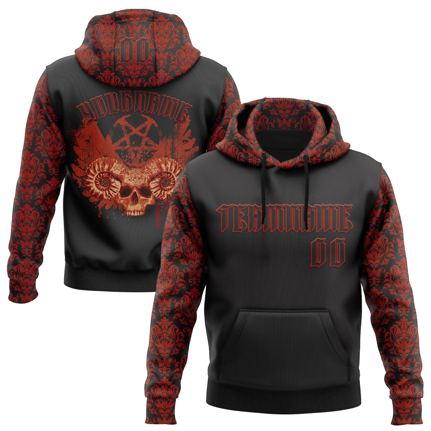 Custom Black Red 3D Skull Gothic Vintage Sports Pullover Sweatshirt Hoodie - Main View