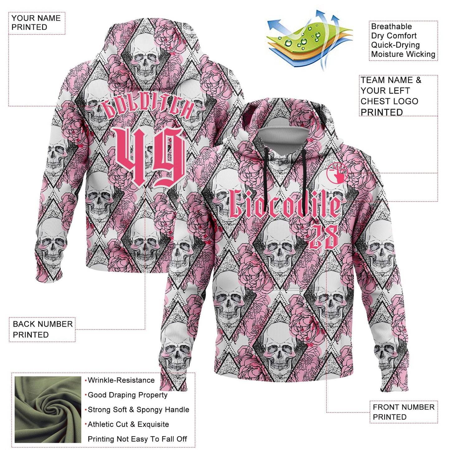 Custom White Neon Pink-Black 3D Skull Roses Gothic Geometric Diamond Grid Sports Pullover Sweatshirt Hoodie view 2