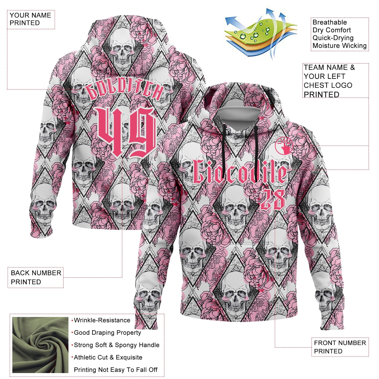 Custom White Neon Pink-Black 3D Skull Roses Gothic Geometric Diamond Grid Sports Pullover Sweatshirt Hoodie view 2