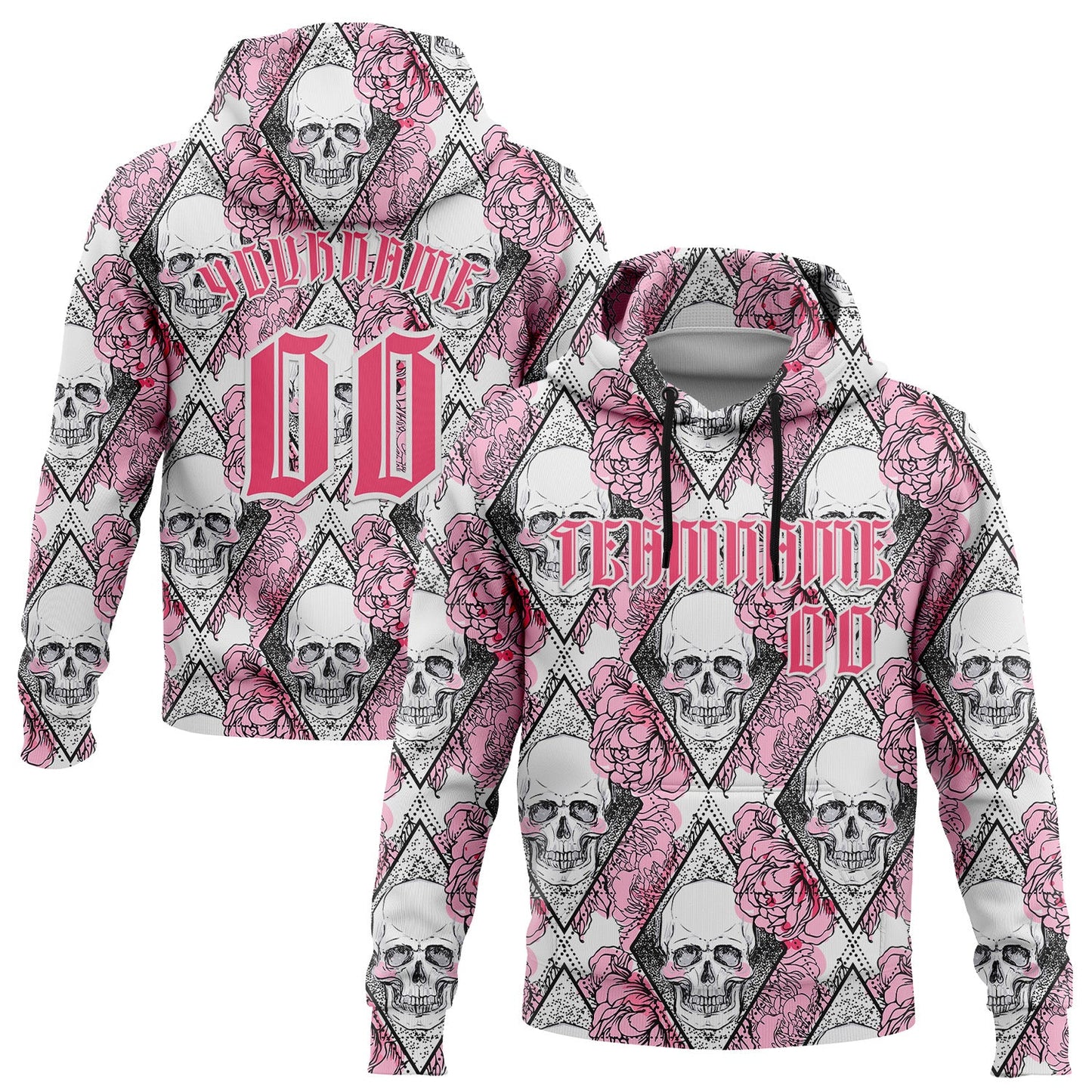 Custom White Neon Pink-Black 3D Skull Roses Gothic Geometric Diamond Grid Sports Pullover Sweatshirt Hoodie - Main View