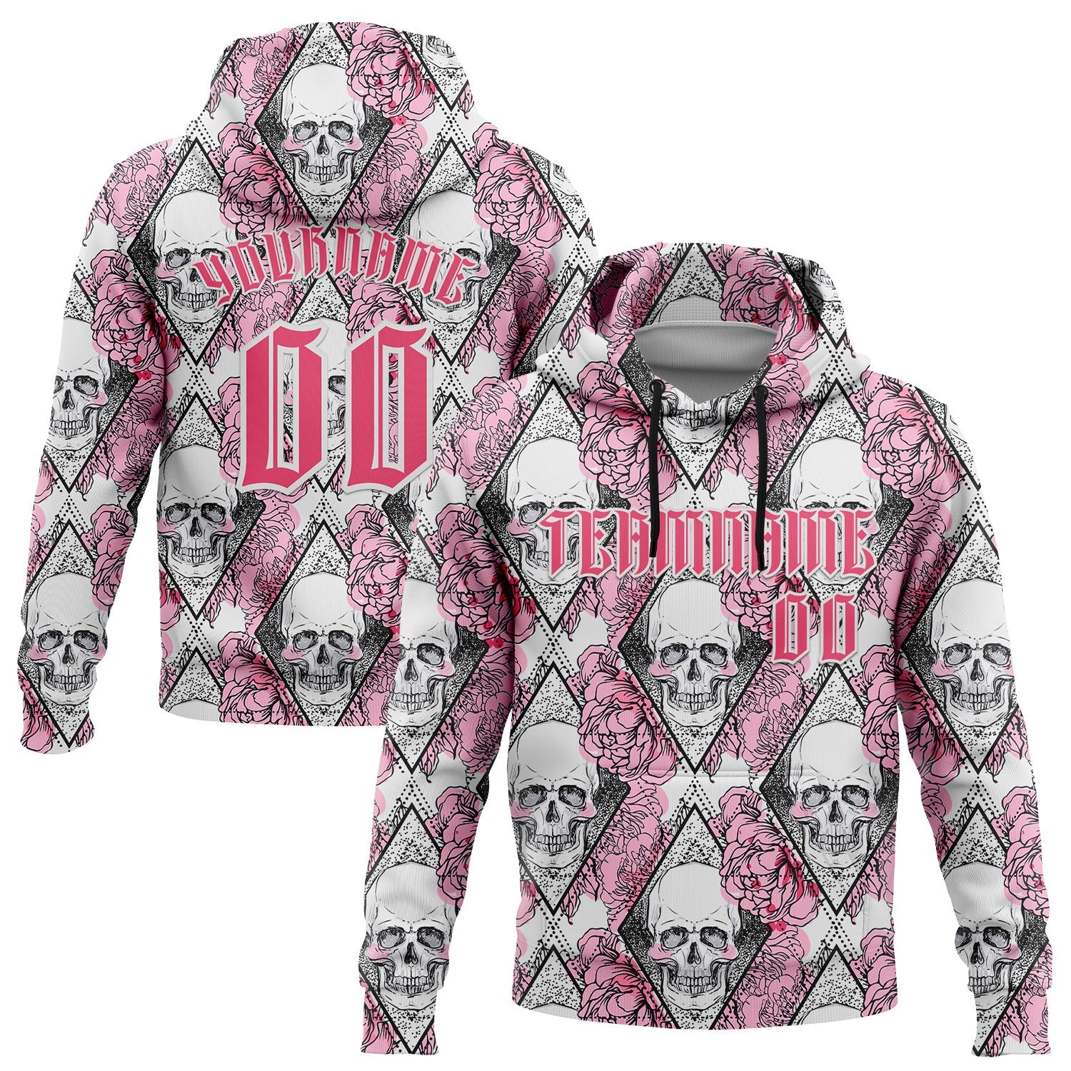 Custom White Neon Pink-Black 3D Skull Roses Gothic Geometric Diamond Grid Sports Pullover Sweatshirt Hoodie - Main View