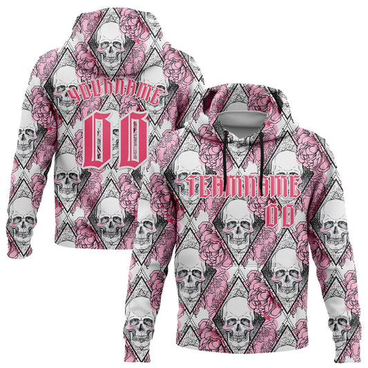 Custom White Neon Pink-Black 3D Skull Roses Gothic Geometric Diamond Grid Sports Pullover Sweatshirt Hoodie - Main View