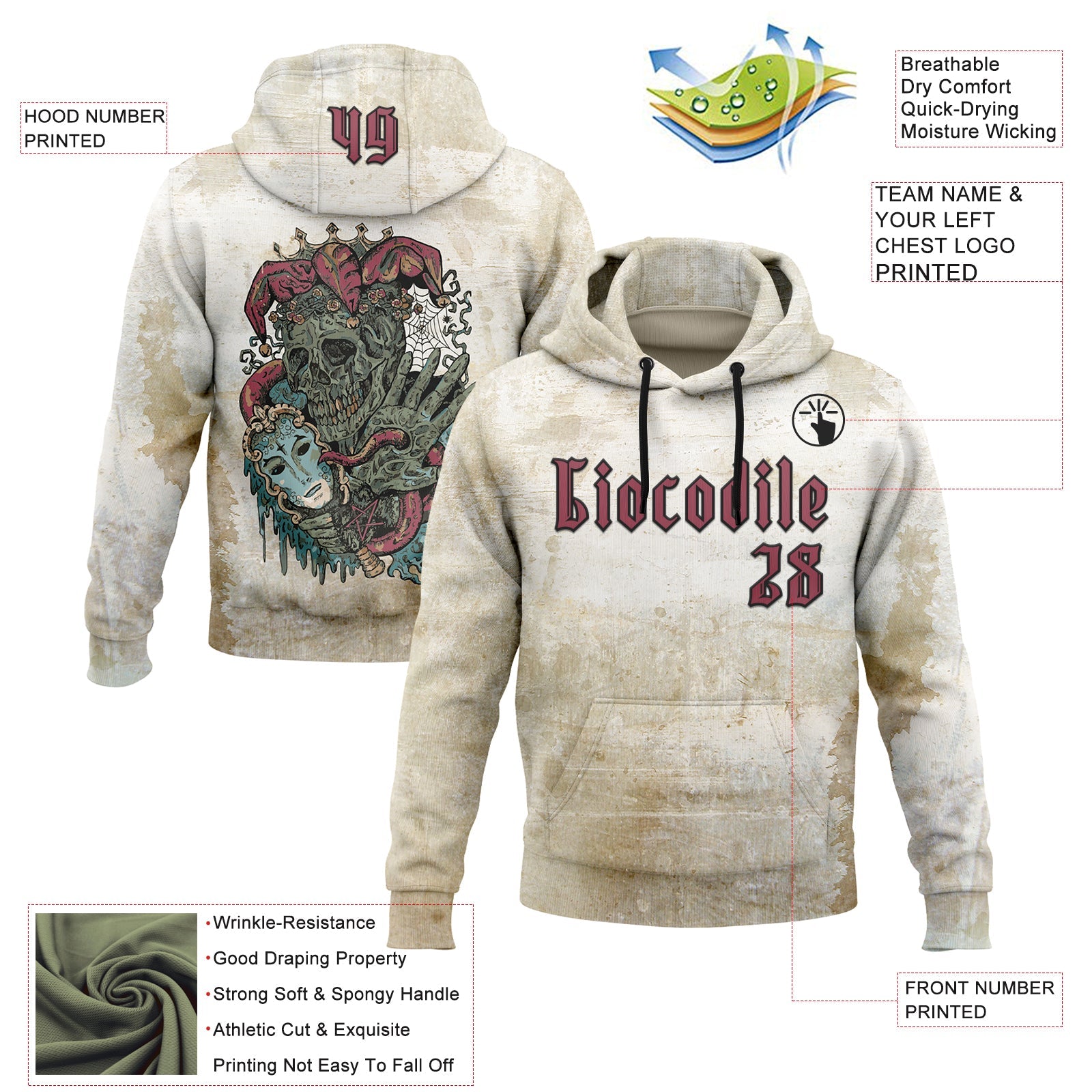 Custom Brown Pink-Black 3D Skull Gothic Clown Vintage Grunge Art Sports Pullover Sweatshirt Hoodie view 2