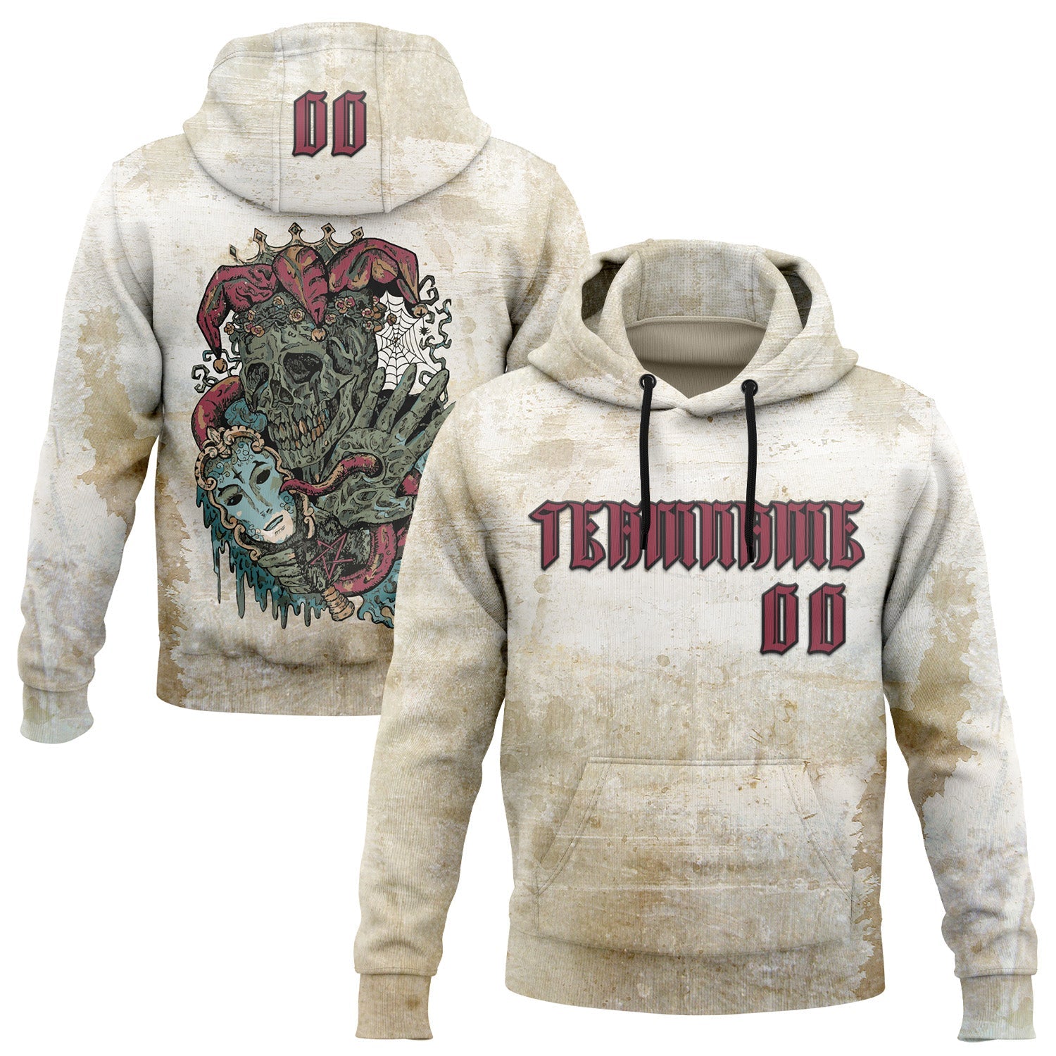 Custom Brown Pink-Black 3D Skull Gothic Clown Vintage Grunge Art Sports Pullover Sweatshirt Hoodie - Main View