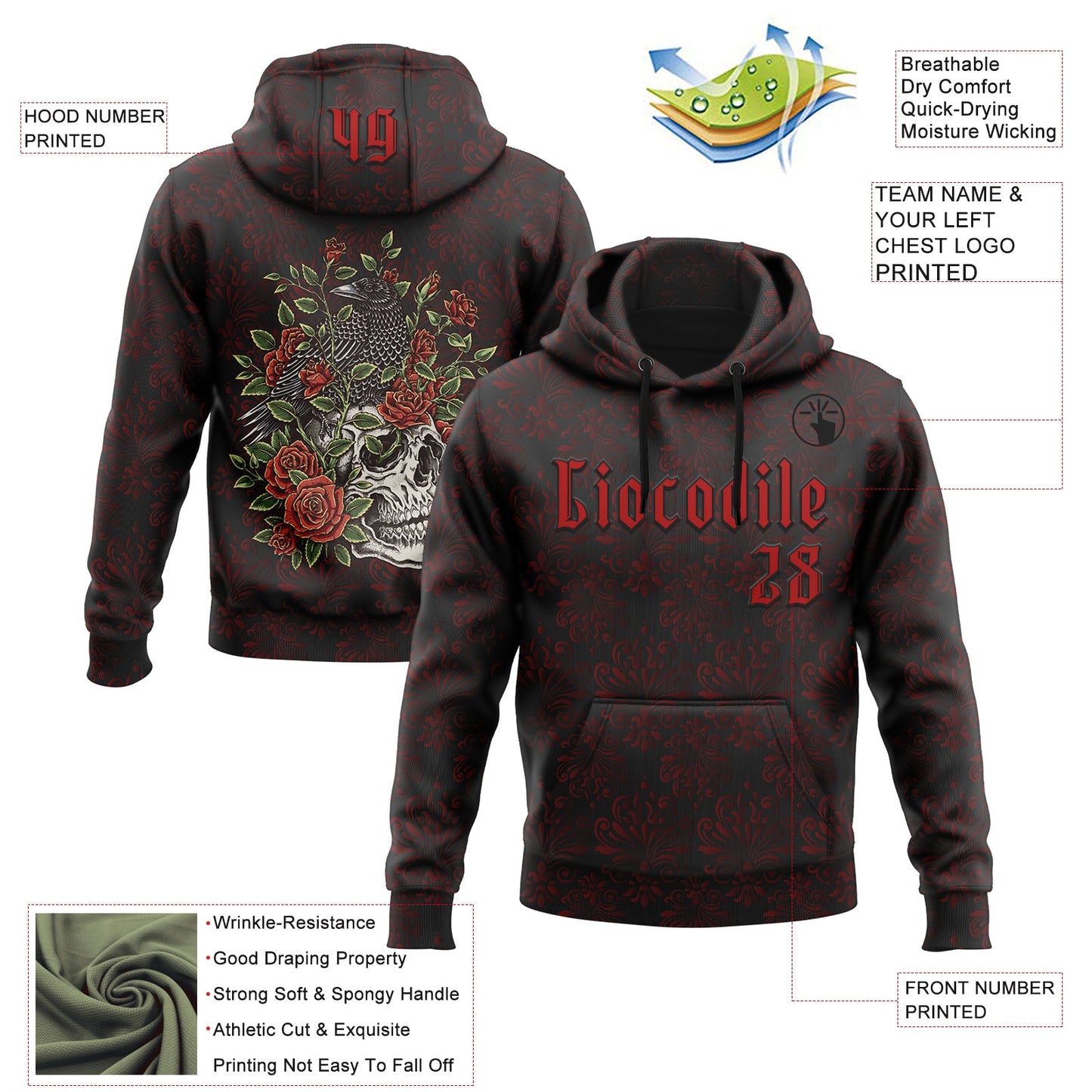 Custom Black Red 3D Skull Roses Gothic Royalty Crow Floral Sports Pullover Sweatshirt Hoodie view 2