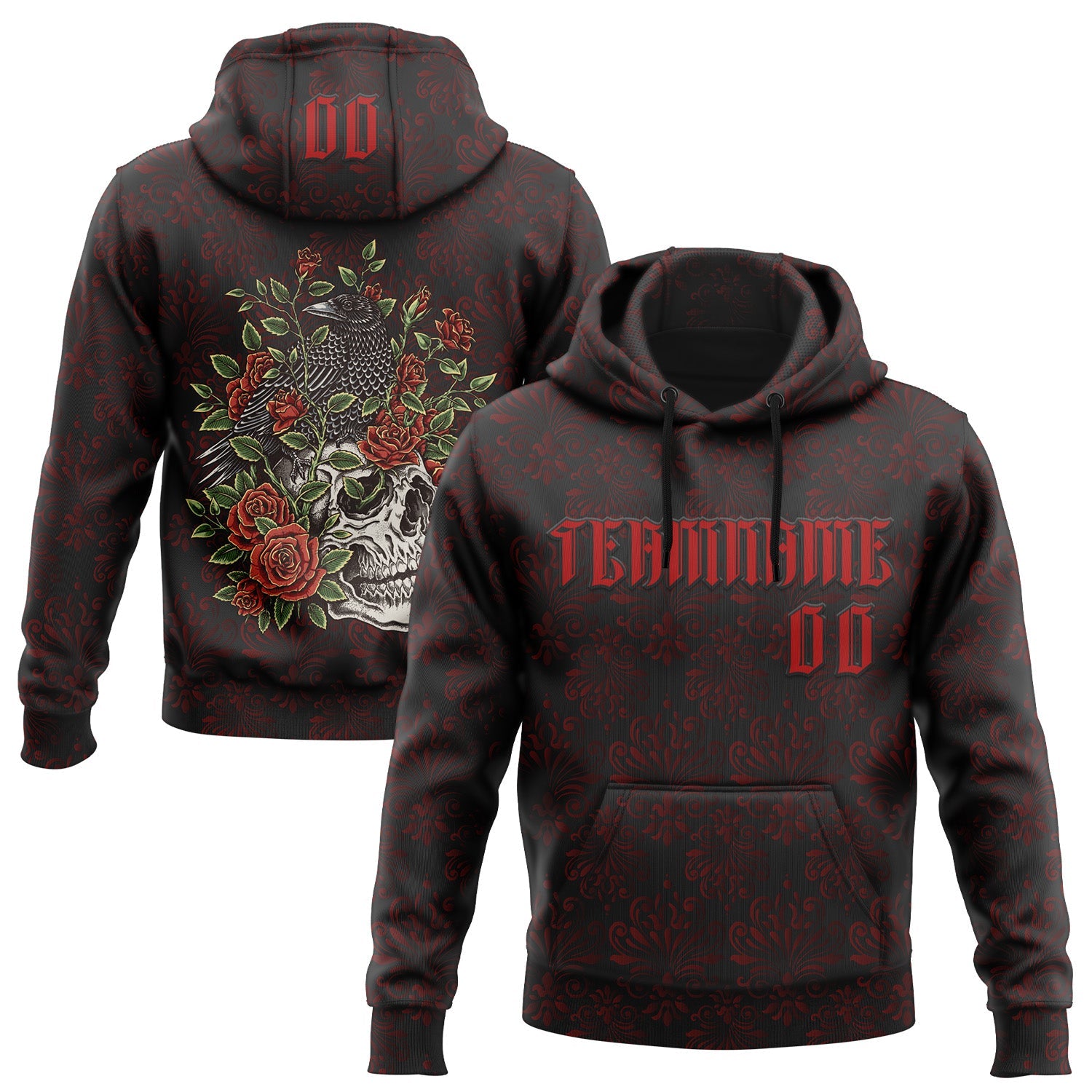 Custom Black Red 3D Skull Roses Gothic Royalty Crow Floral Sports Pullover Sweatshirt Hoodie - Main View