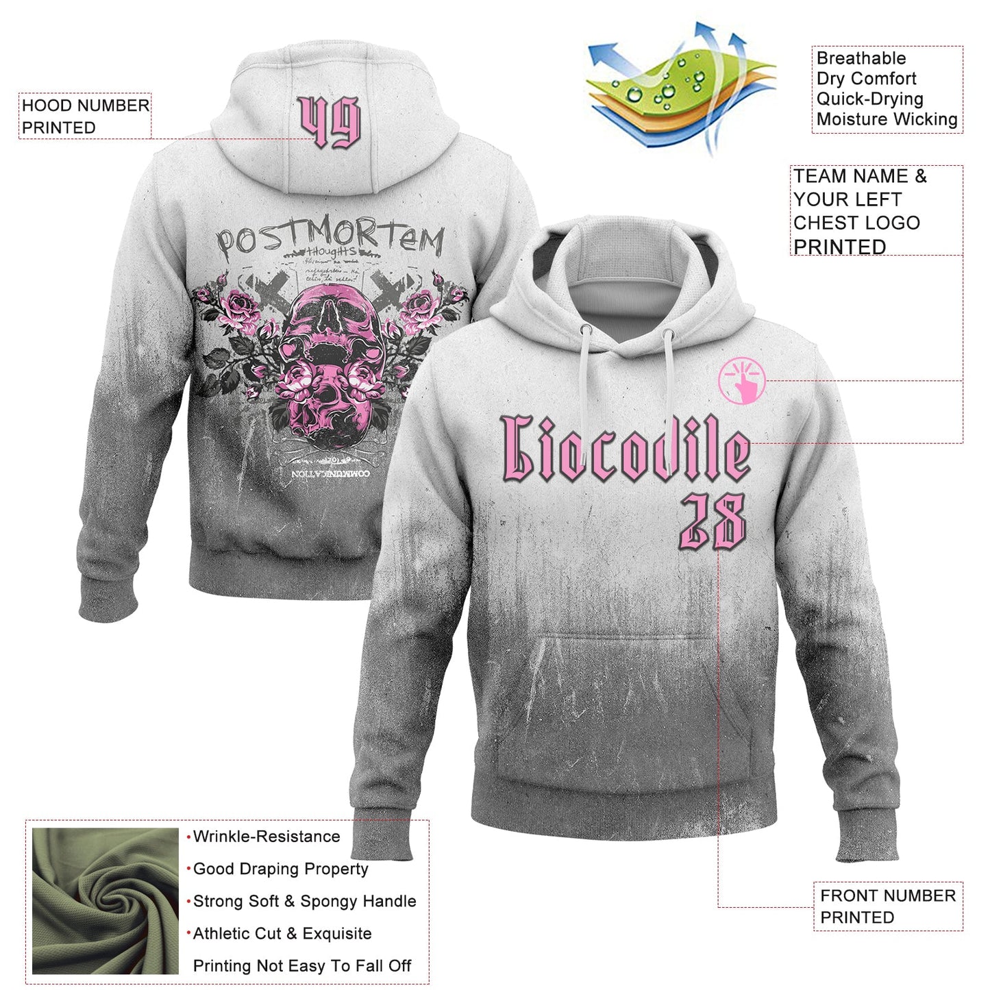 Custom White Pink Gray-Black 3D Skull Roses Gothic Postmortem Fade Grunge Art Sports Pullover Sweatshirt Hoodie view 2