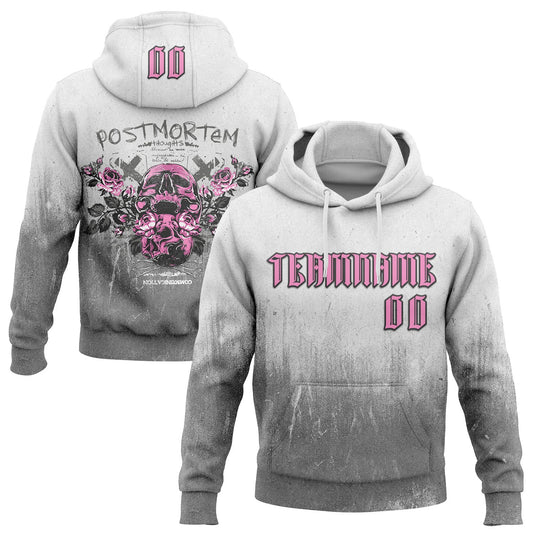 Custom White Pink Gray-Black 3D Skull Roses Gothic Postmortem Fade Grunge Art Sports Pullover Sweatshirt Hoodie - Main View