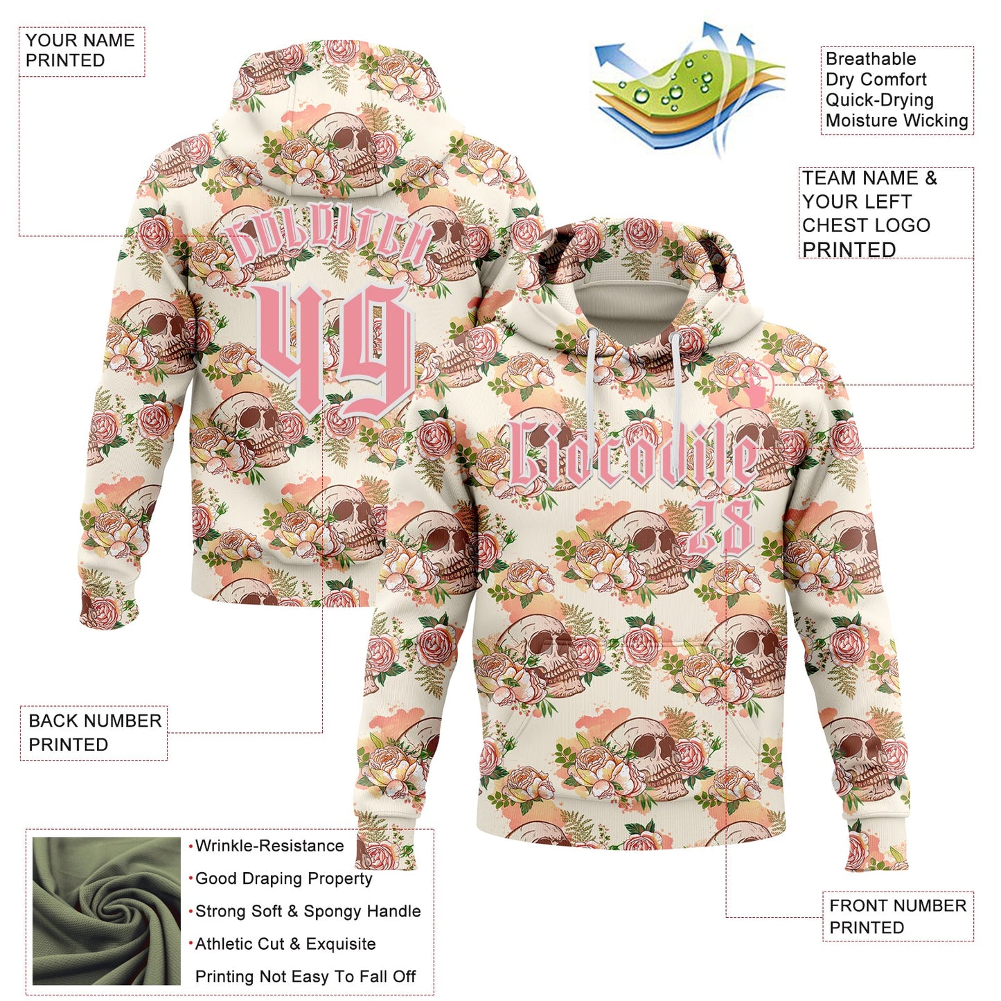 Custom Cream Medium Pink-White 3D Skull Roses Gothic Vintage Sports Pullover Sweatshirt Hoodie view 2