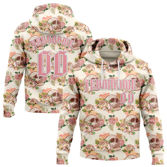 Custom Cream Medium Pink-White 3D Skull Roses Gothic Vintage Sports Pullover Sweatshirt Hoodie - Main View