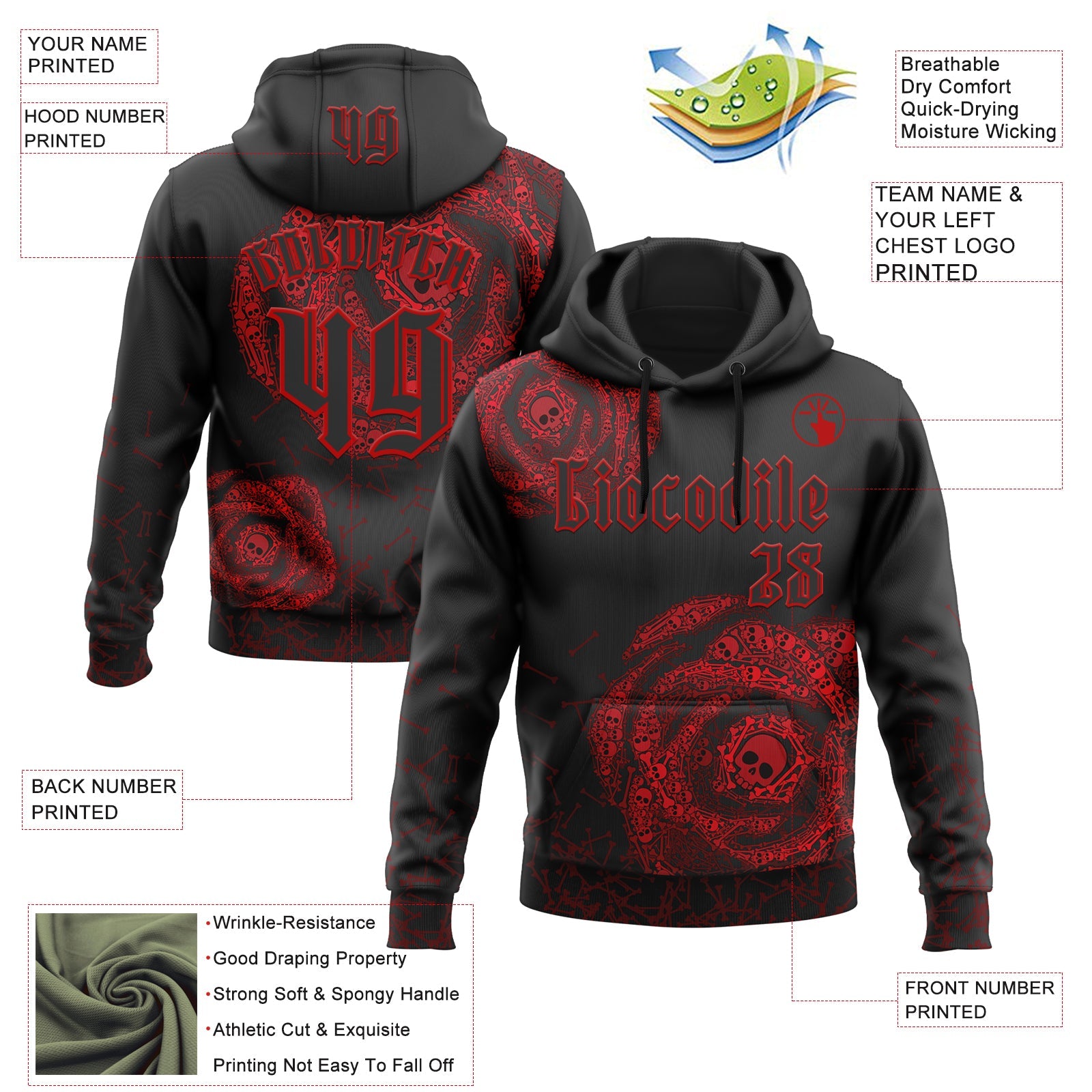 Custom Black Red 3D Skull Roses Gothic Vintage Sports Pullover Sweatshirt Hoodie view 2