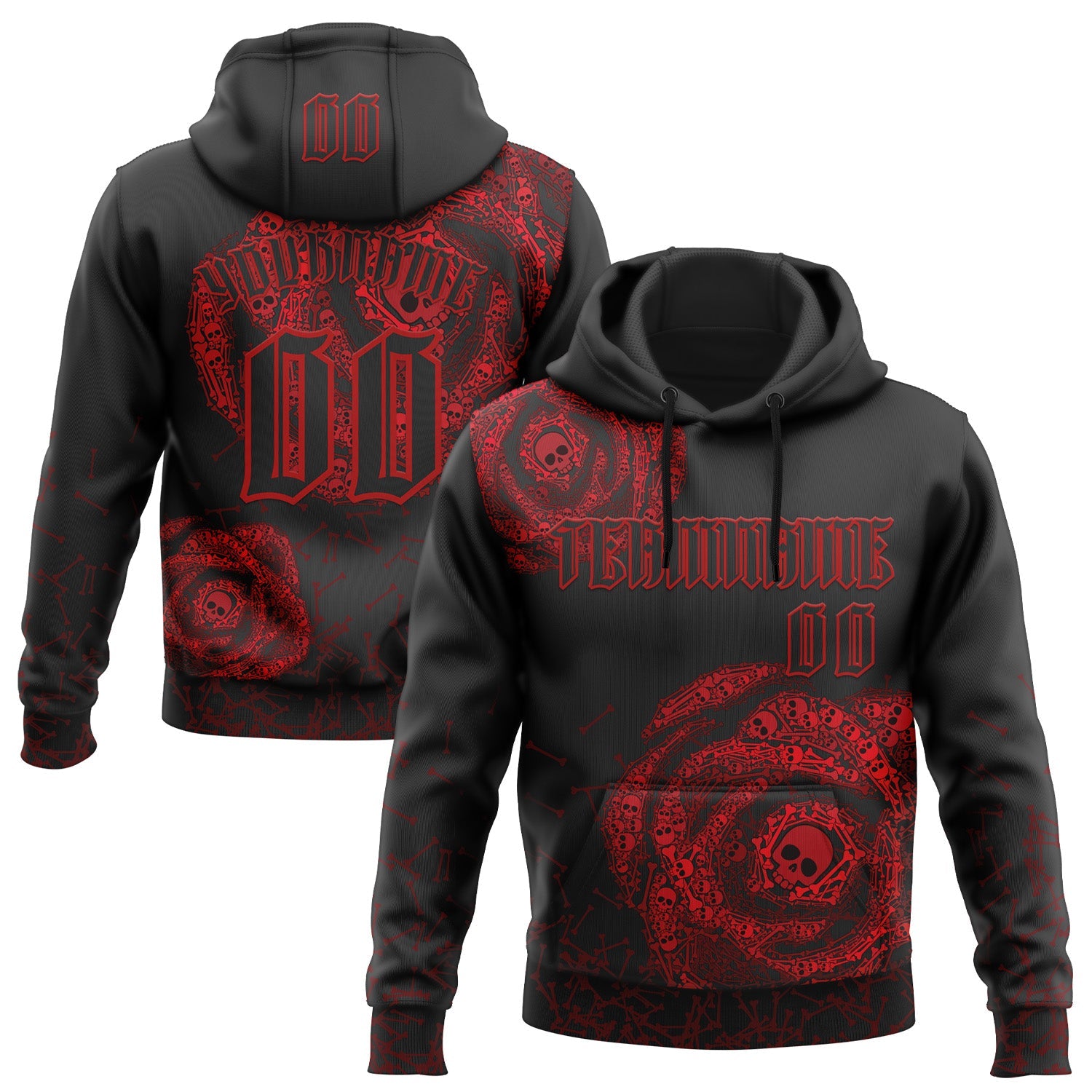 Custom Black Red 3D Skull Roses Gothic Vintage Sports Pullover Sweatshirt Hoodie - Main View
