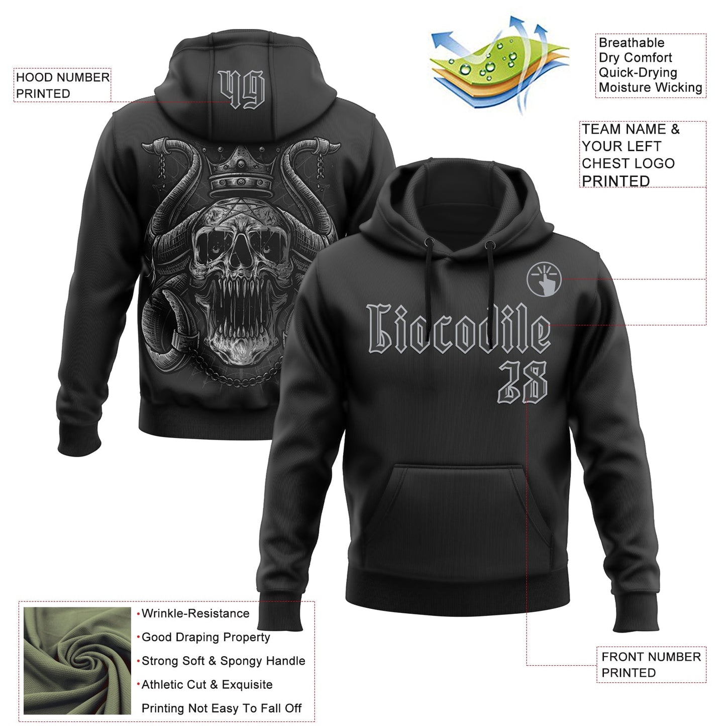 Custom Black Gray 3D Skull Gothic Horned Emperor Sports Pullover Sweatshirt Hoodie view 2