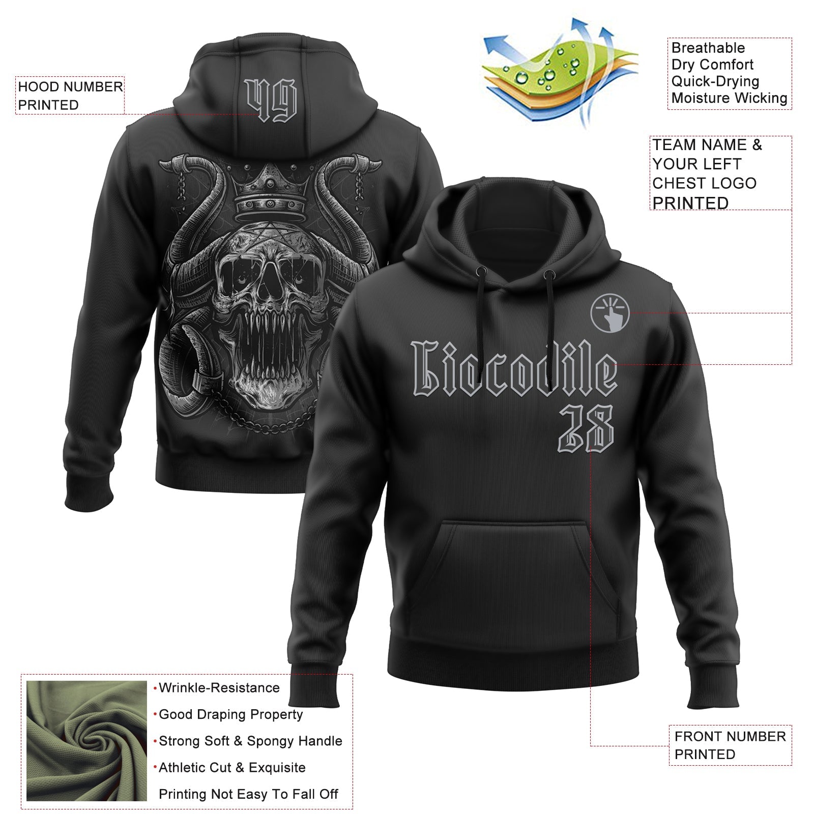 Custom Black Gray 3D Skull Gothic Horned Emperor Sports Pullover Sweatshirt Hoodie view 2