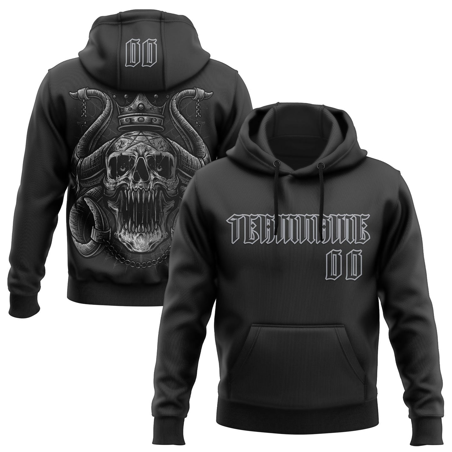 Custom Black Gray 3D Skull Gothic Horned Emperor Sports Pullover Sweatshirt Hoodie - Main View
