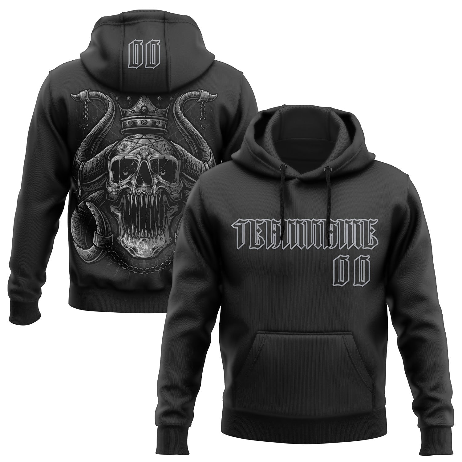 Custom Black Gray 3D Skull Gothic Horned Emperor Sports Pullover Sweatshirt Hoodie - Main View