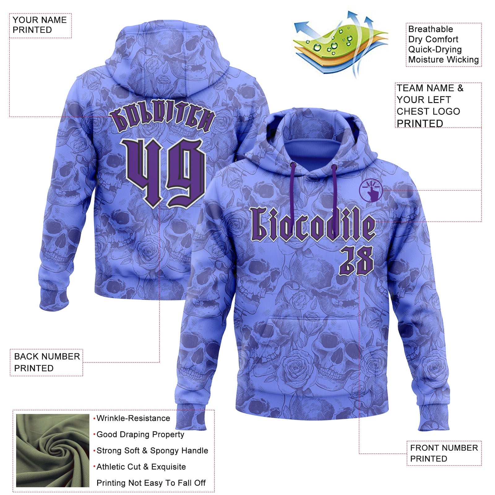 Custom Purple White-Black 3D Skull Roses Gothic Vintage Sports Pullover Sweatshirt Hoodie view 2