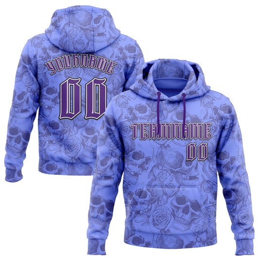 Custom Purple White-Black 3D Skull Roses Gothic Vintage Sports Pullover Sweatshirt Hoodie - Main View