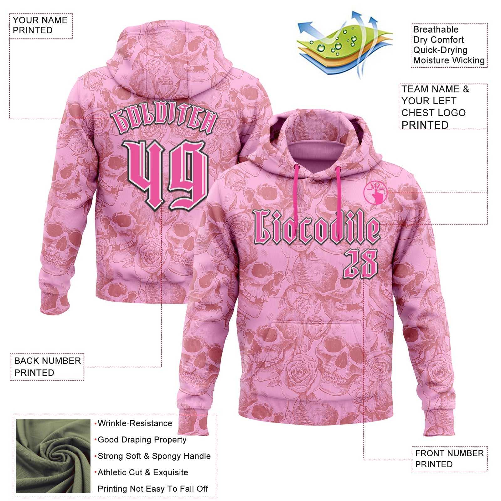 Custom Pink White-Black 3D Skull Roses Gothic Vintage Sports Pullover Sweatshirt Hoodie view 2