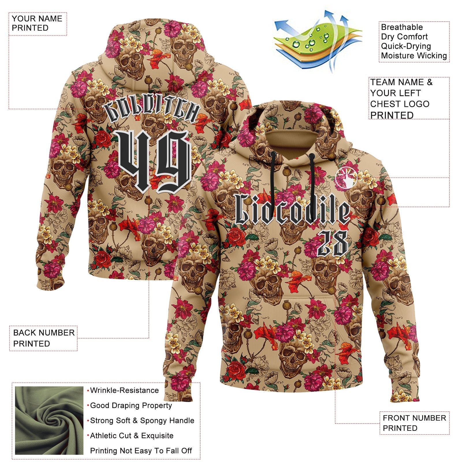 Custom Brown Black-White 3D Skull Roses Gothic Floral Vintage Sports Pullover Sweatshirt Hoodie view 2