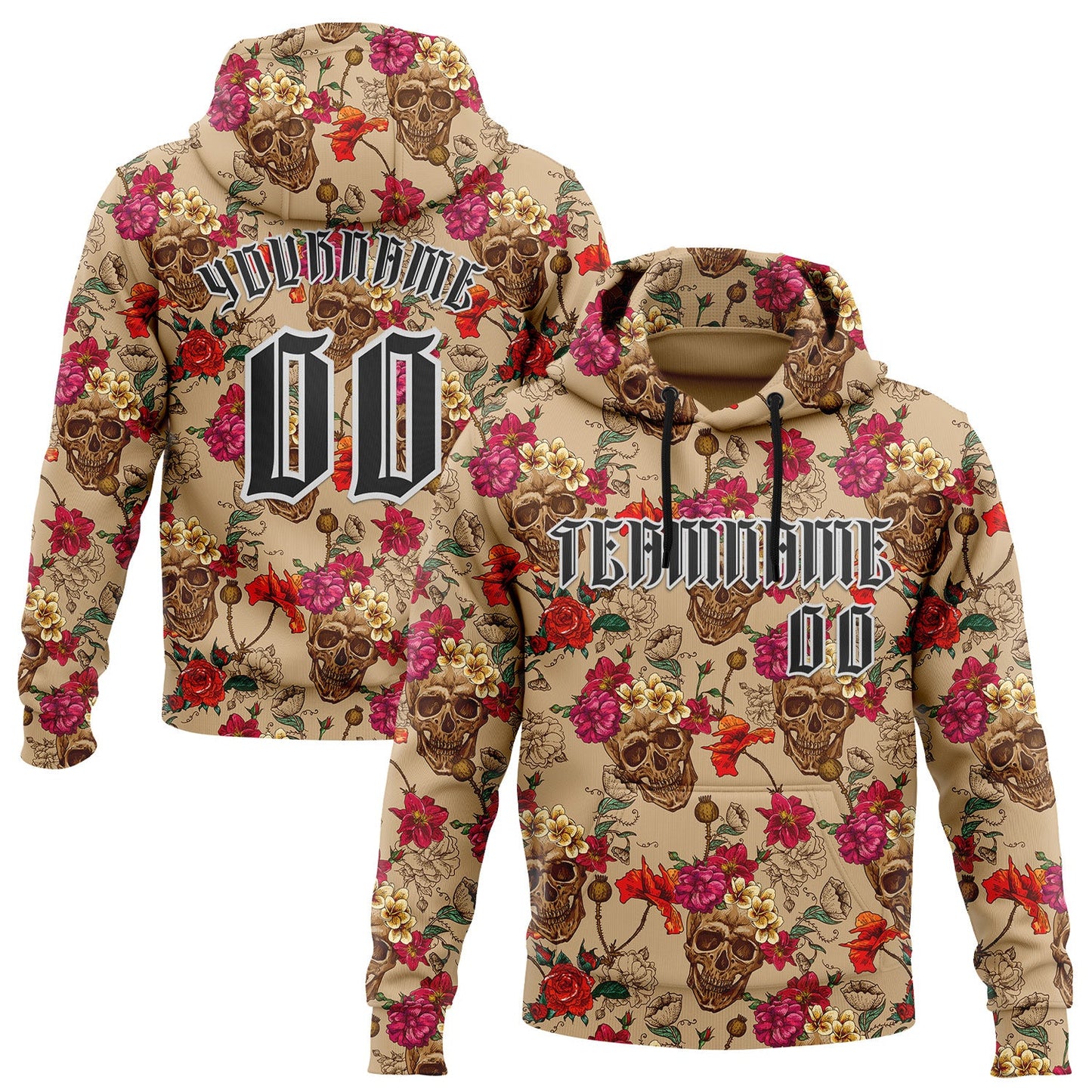 Custom Brown Black-White 3D Skull Roses Gothic Floral Vintage Sports Pullover Sweatshirt Hoodie - Main View