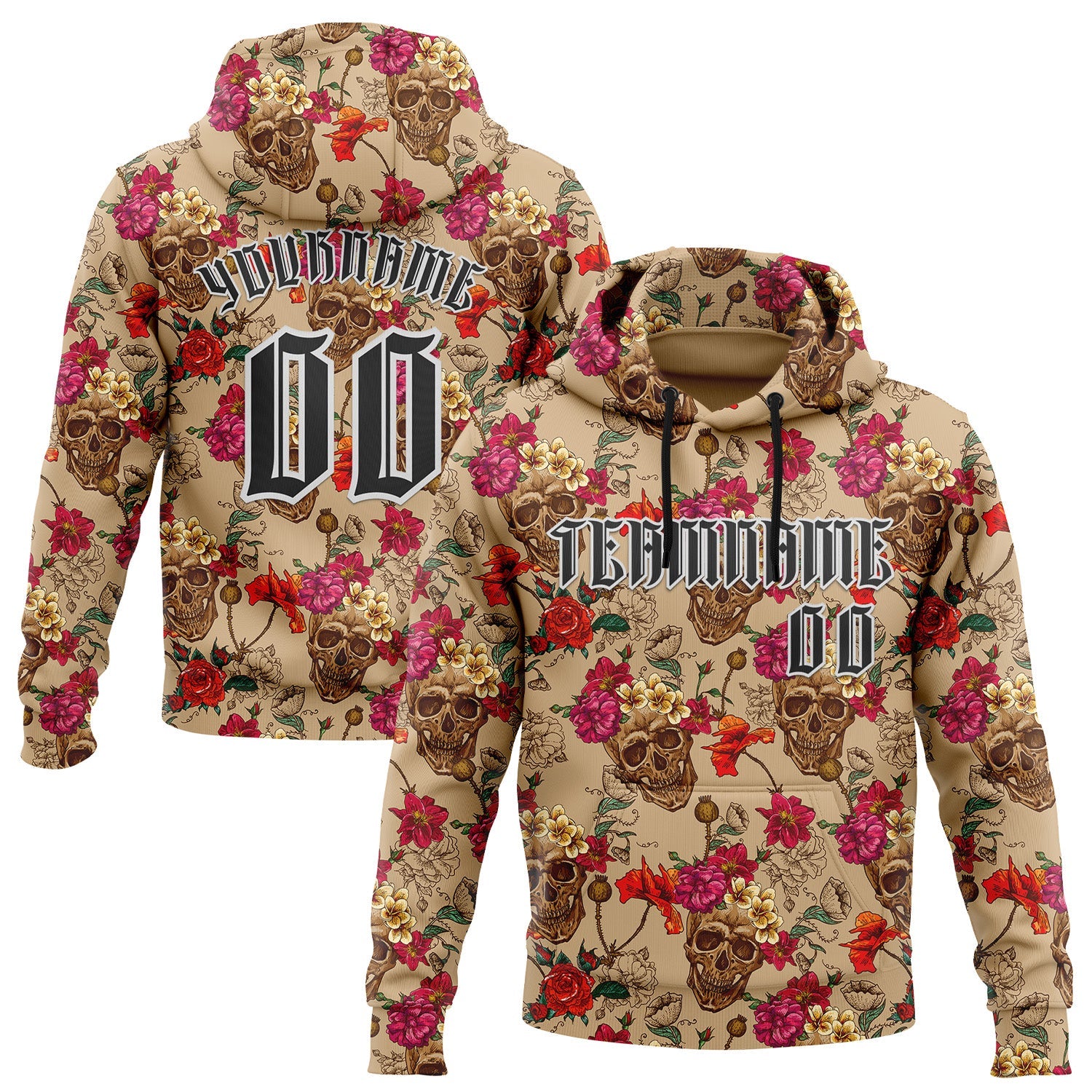 Custom Brown Black-White 3D Skull Roses Gothic Floral Vintage Sports Pullover Sweatshirt Hoodie - Main View