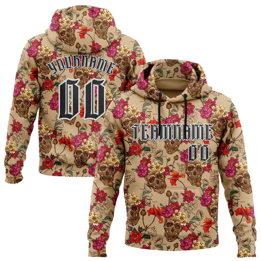 Custom Brown Black-White 3D Skull Roses Gothic Floral Vintage Sports Pullover Sweatshirt Hoodie - Main View