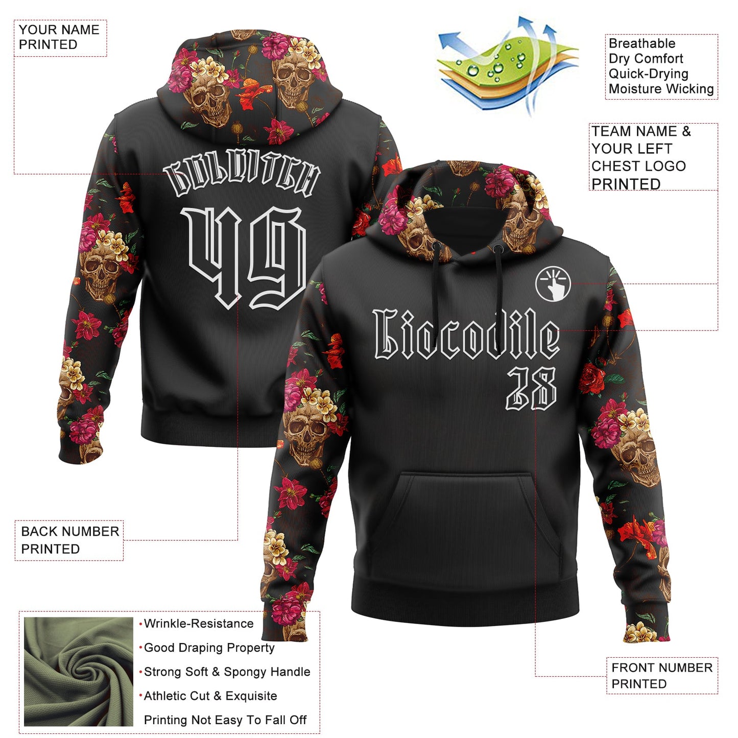 Custom Black White 3D Skull Roses Gothic Floral Vintage Sports Pullover Sweatshirt Hoodie view 2