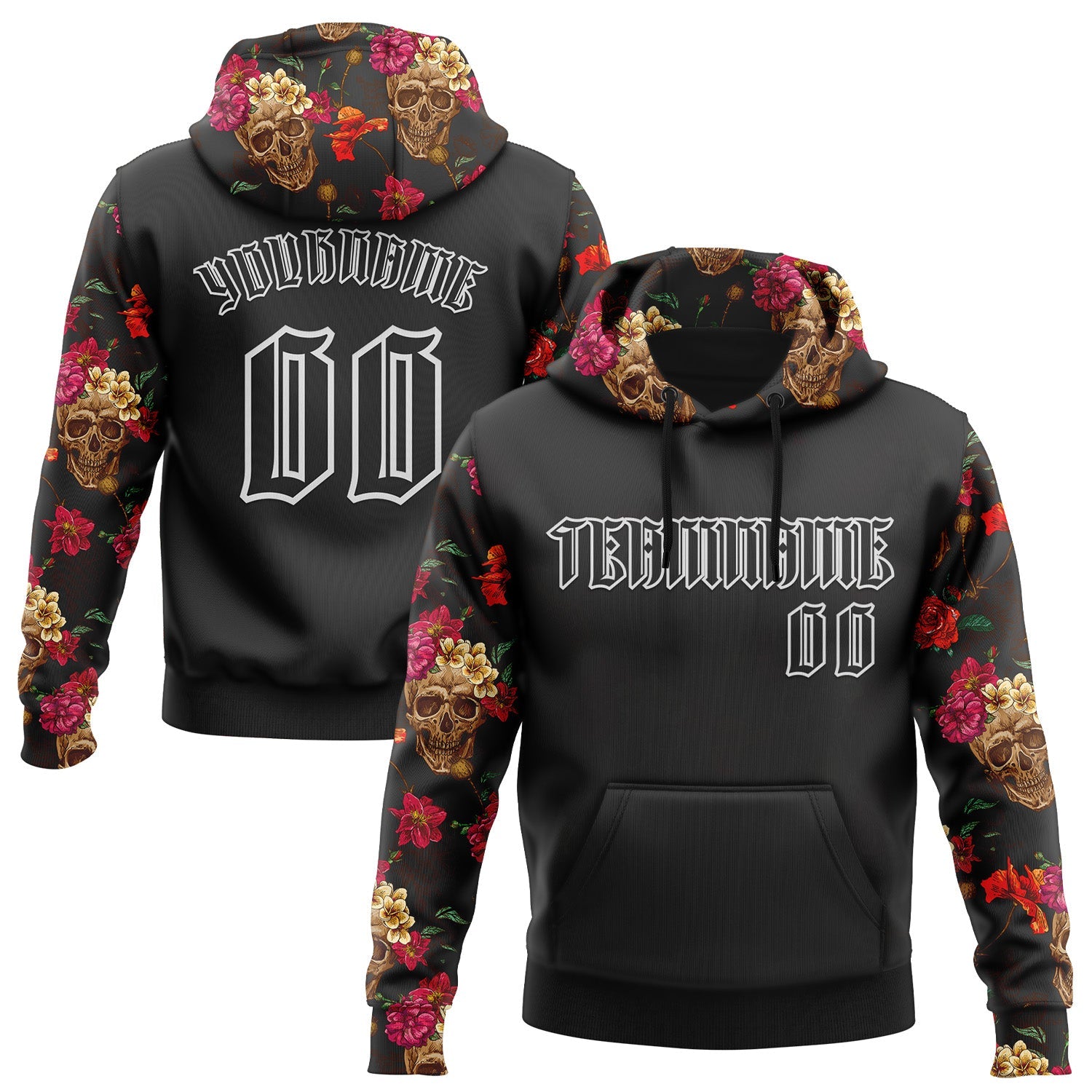 Custom Black White 3D Skull Roses Gothic Floral Vintage Sports Pullover Sweatshirt Hoodie - Main View