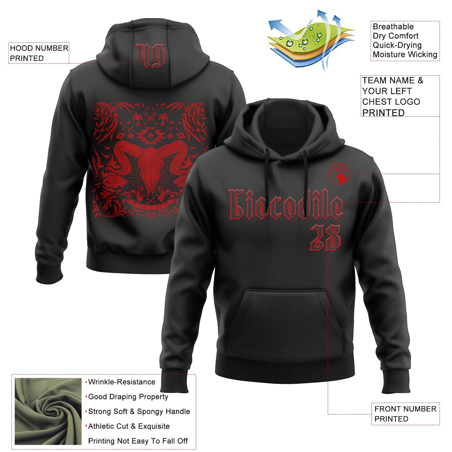 Custom Black Red 3D Skull Vintage Triba Gothic Sports Pullover Sweatshirt Hoodie view 2