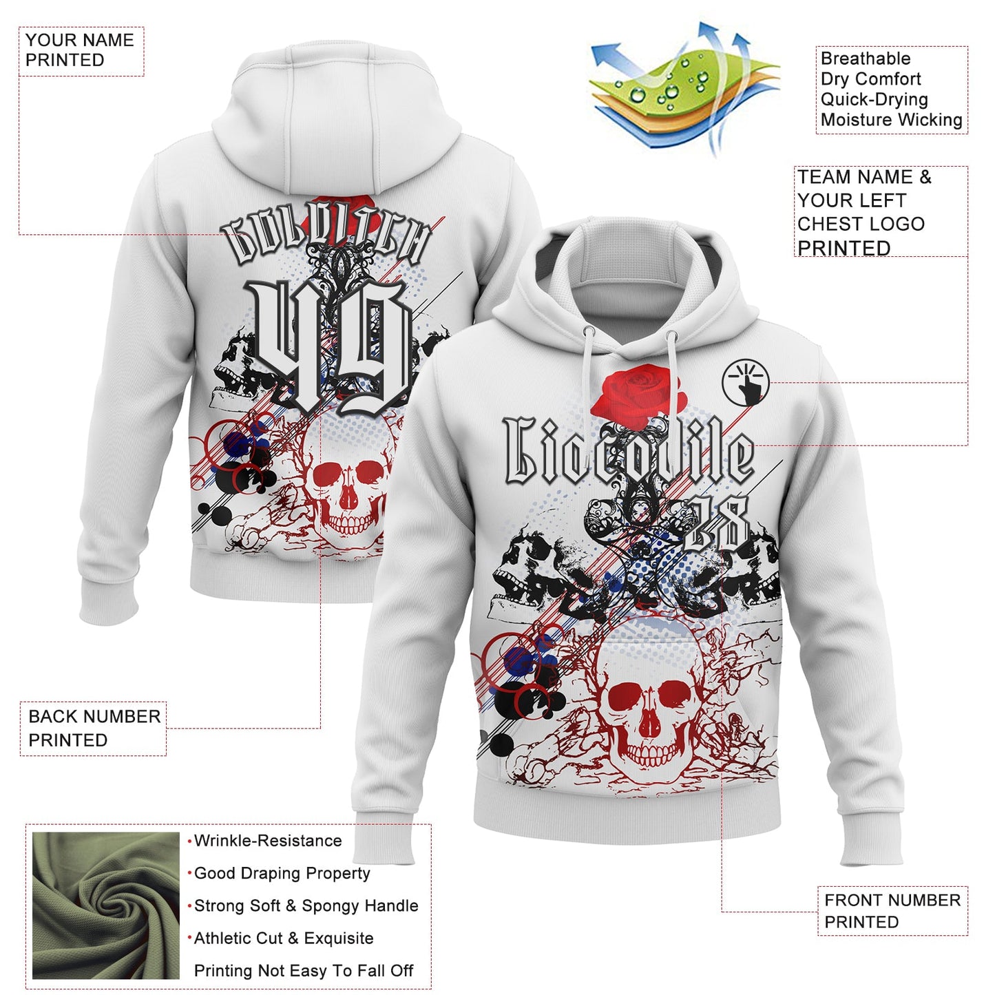 Custom White Black 3D Skull Roses Gothic Sports Pullover Sweatshirt Hoodie view 2