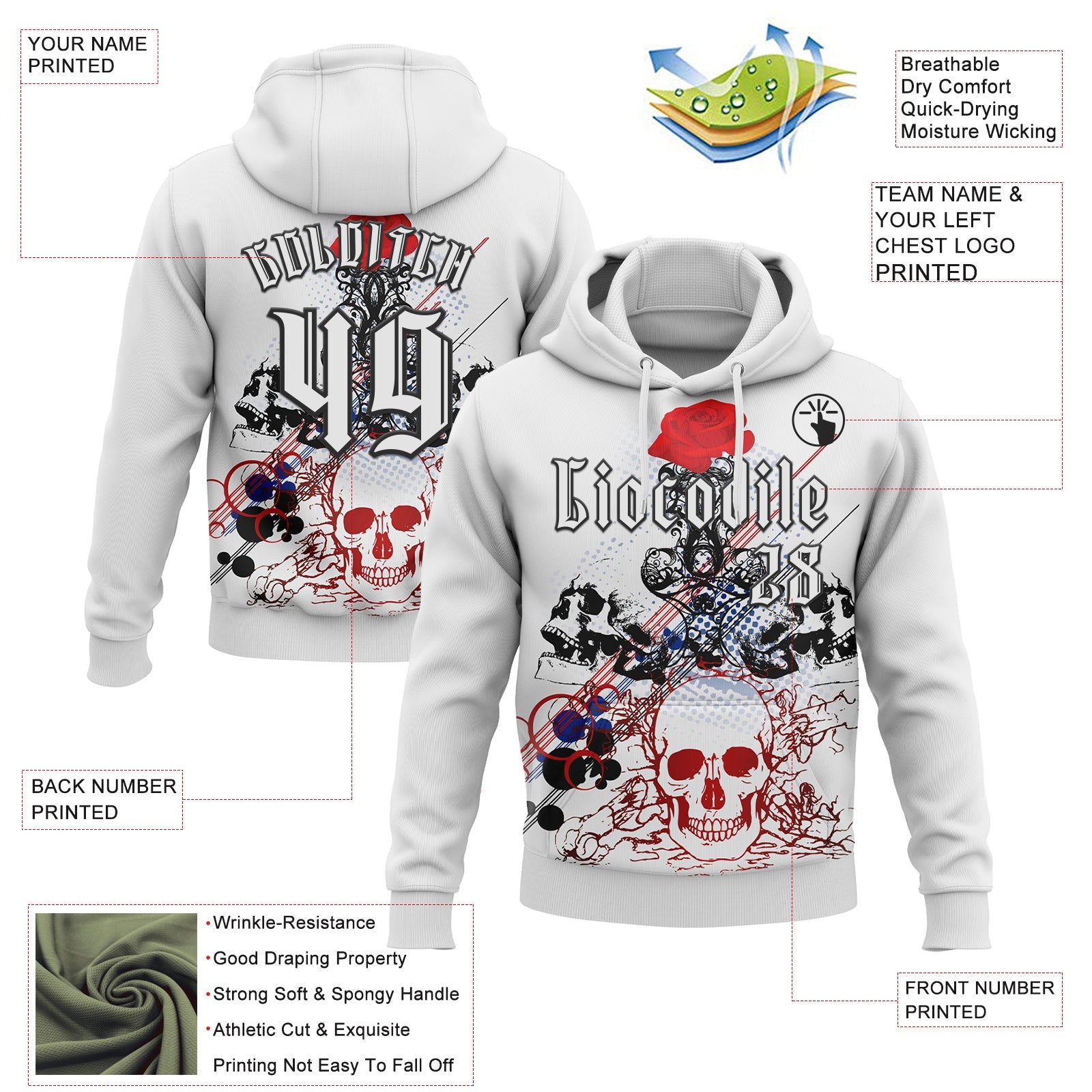 Custom White Black 3D Skull Roses Gothic Sports Pullover Sweatshirt Hoodie view 2