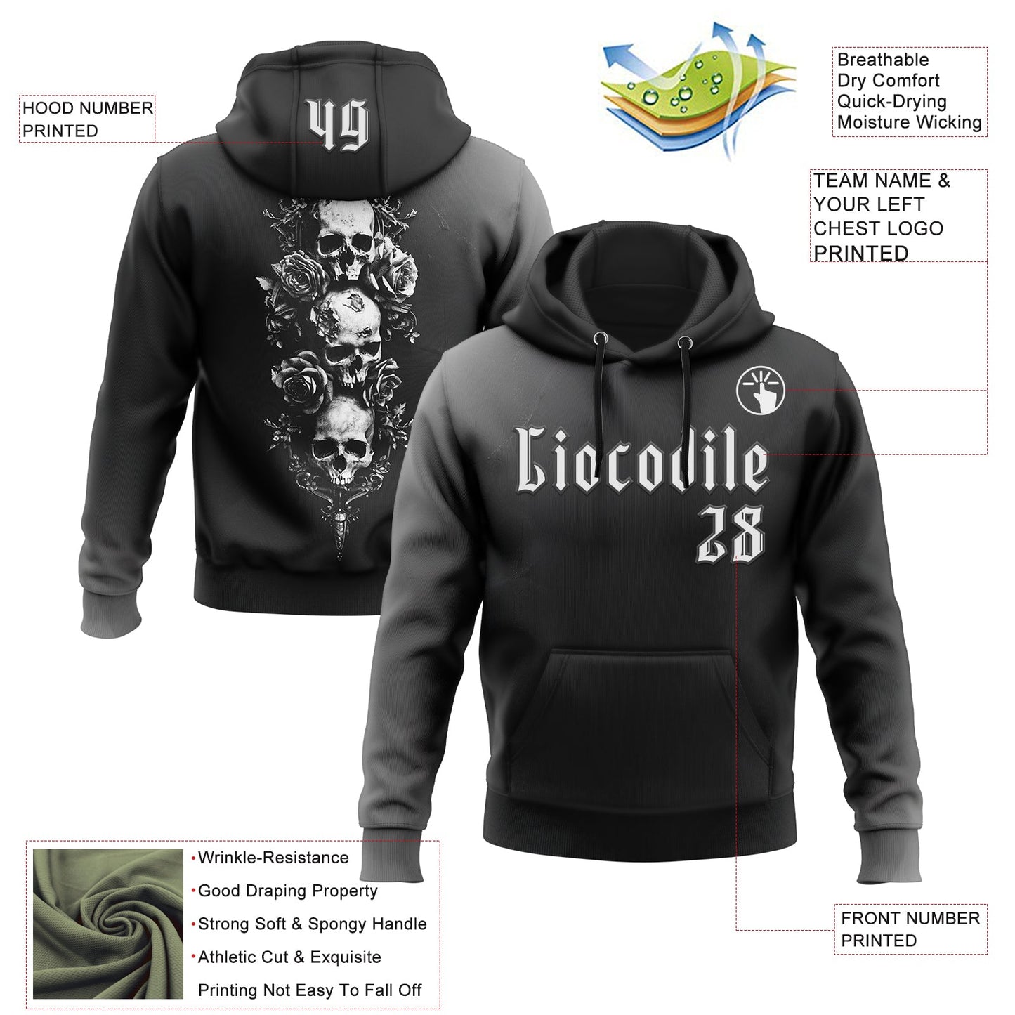 Custom Black White 3D Skull Roses Gothic Vintage Sports Pullover Sweatshirt Hoodie view 2