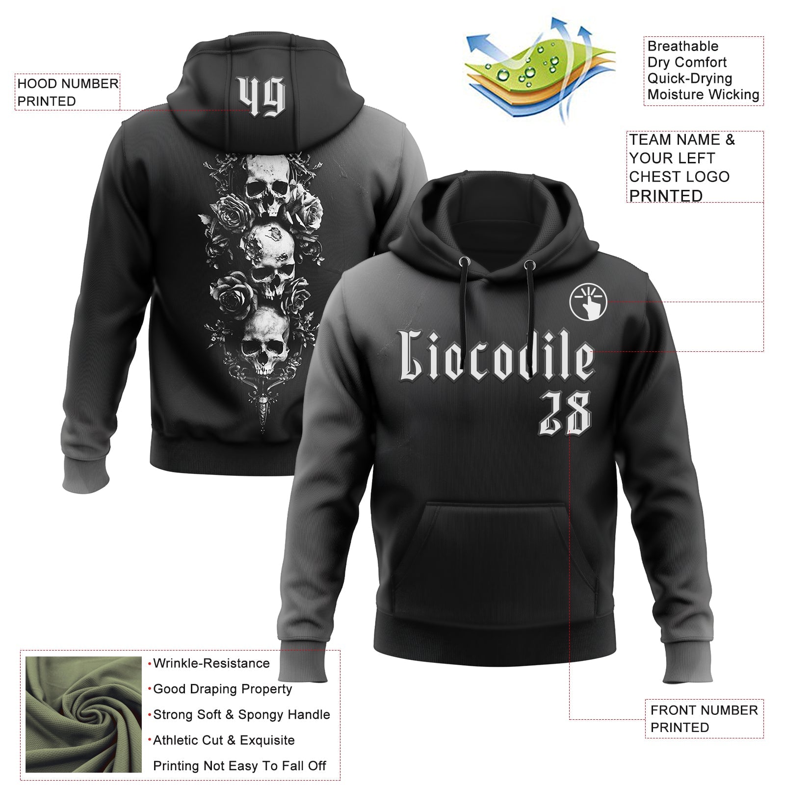 Custom Black White 3D Skull Roses Gothic Vintage Sports Pullover Sweatshirt Hoodie view 2