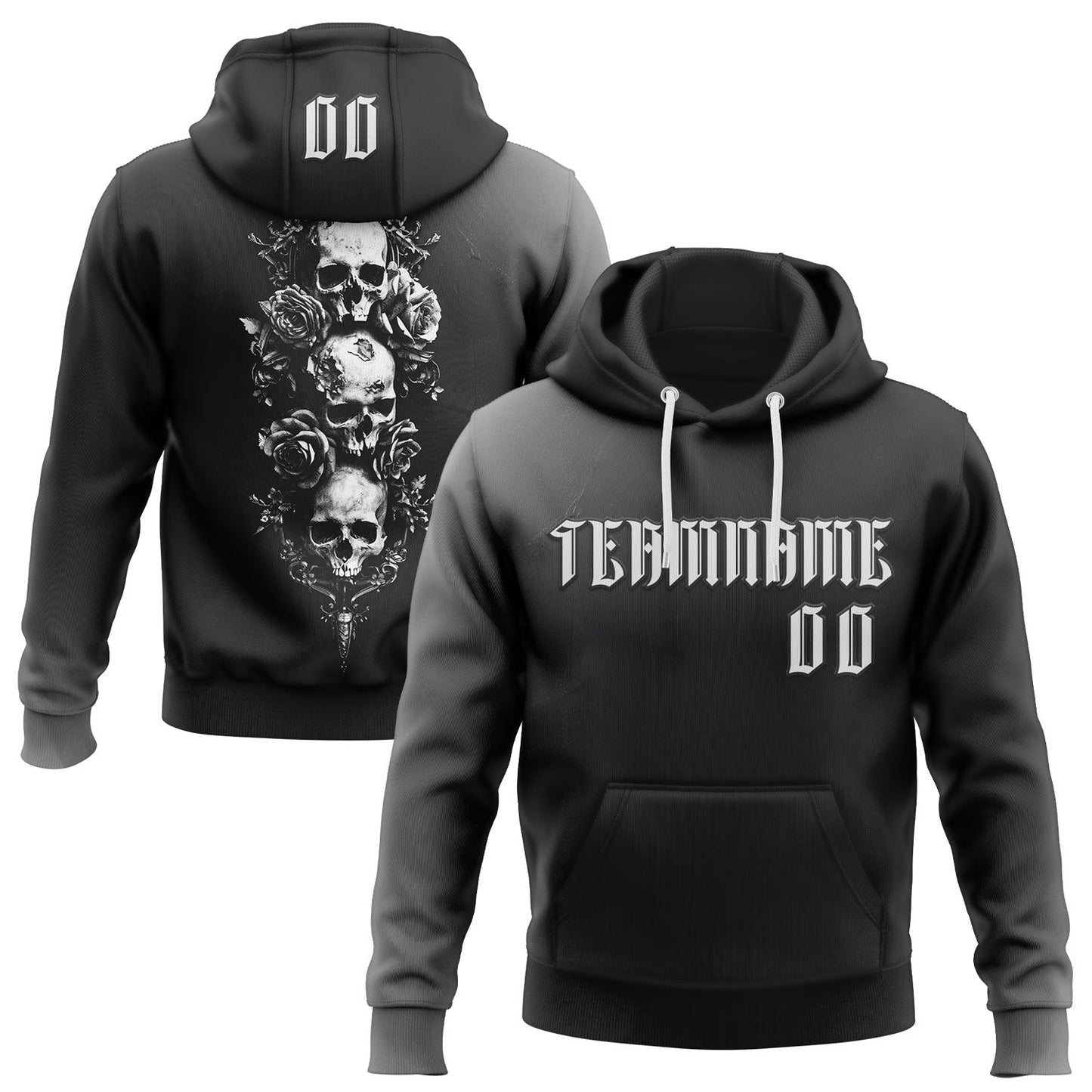 Custom Black White 3D Skull Roses Gothic Vintage Sports Pullover Sweatshirt Hoodie - Main View
