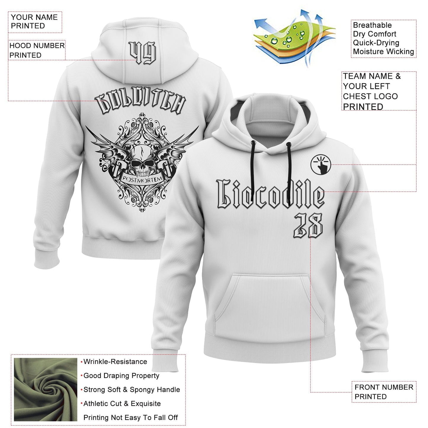 Custom White Black 3D Skull Gothic Postmortem Vintage Sports Pullover Sweatshirt Hoodie view 2