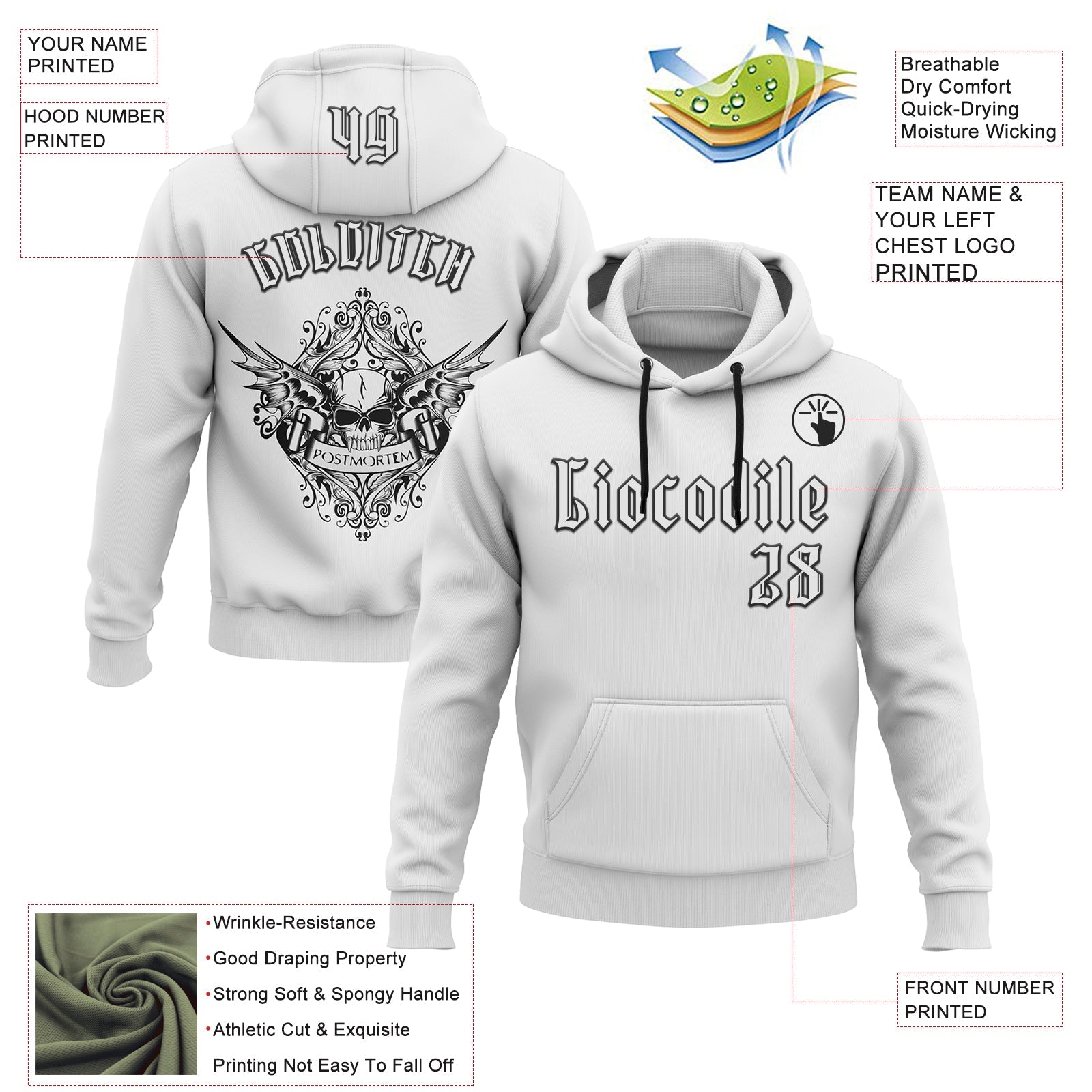 Custom White Black 3D Skull Gothic Postmortem Vintage Sports Pullover Sweatshirt Hoodie view 2