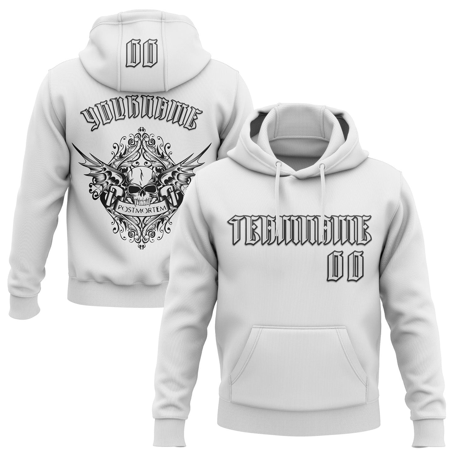 Custom White Black 3D Skull Gothic Postmortem Vintage Sports Pullover Sweatshirt Hoodie - Main View