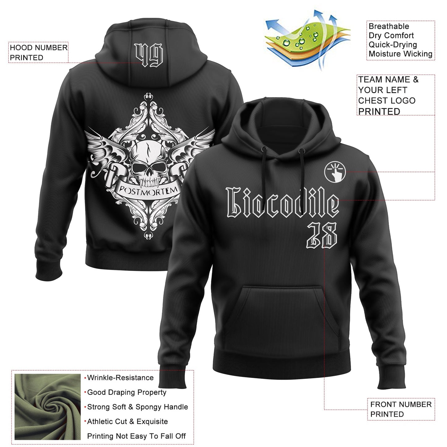 Custom Black White 3D Skull Gothic Postmortem Vintage Sports Pullover Sweatshirt Hoodie view 2