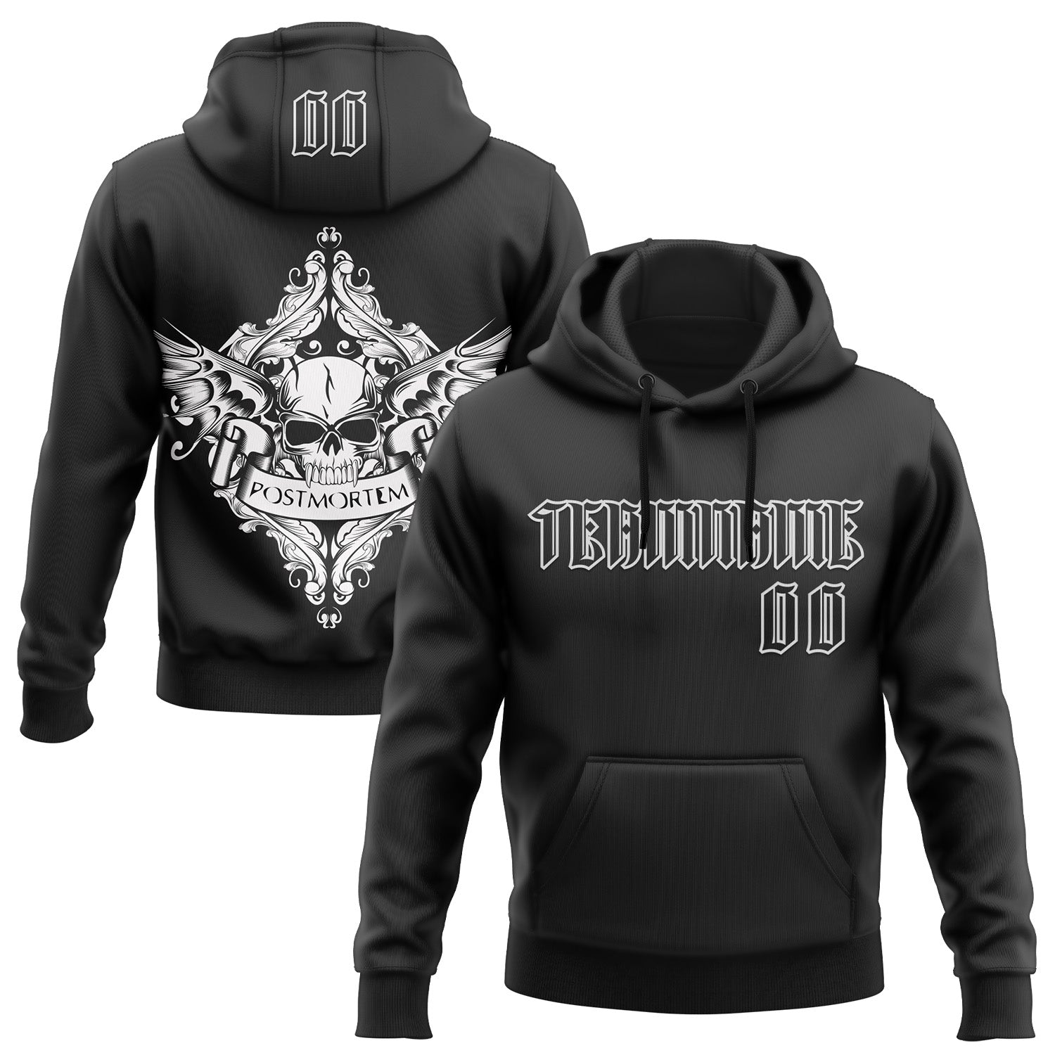Custom Black White 3D Skull Gothic Postmortem Vintage Sports Pullover Sweatshirt Hoodie - Main View