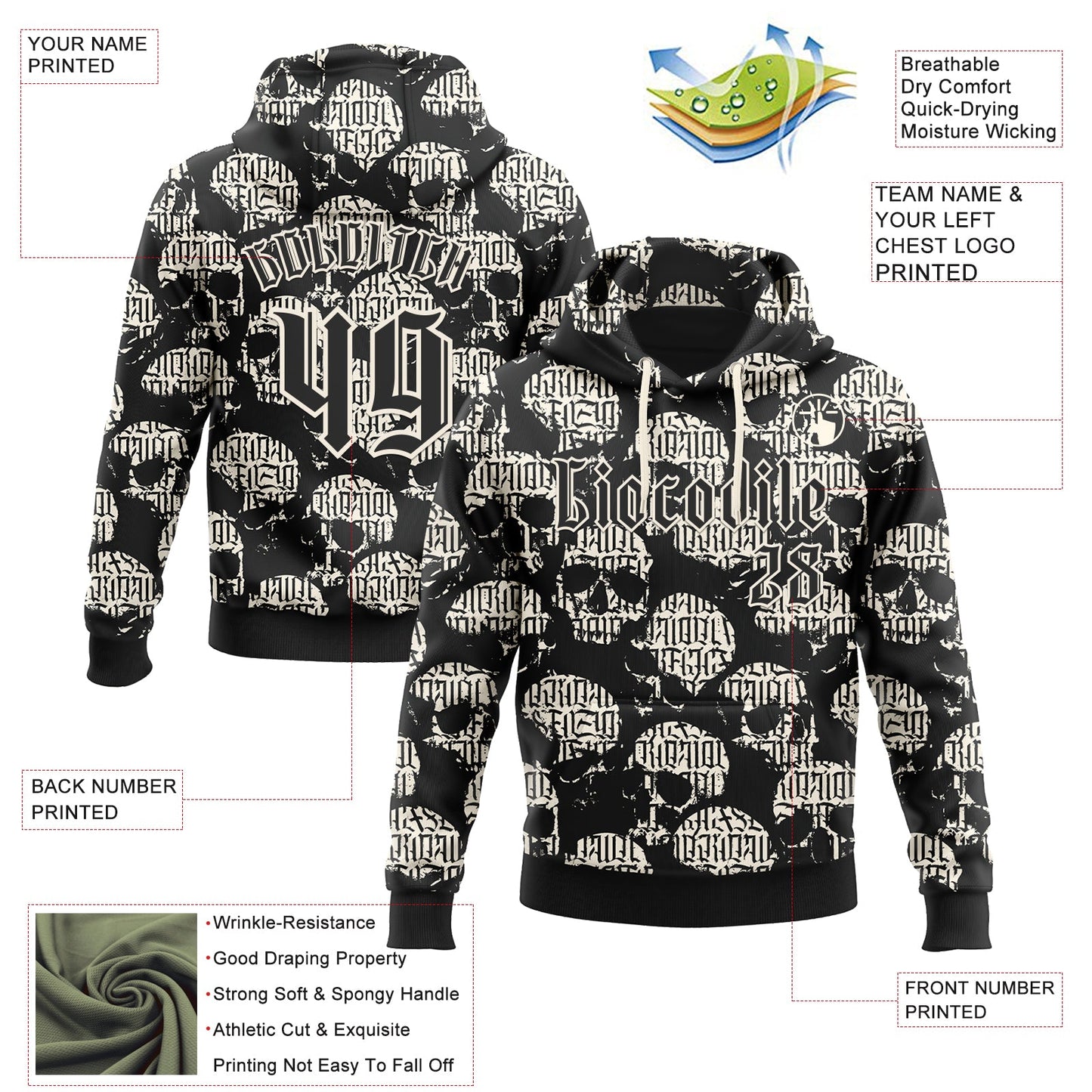 Custom Black Cream 3D Skull Gothic Vintage Grunge Art Sports Pullover Sweatshirt Hoodie view 2