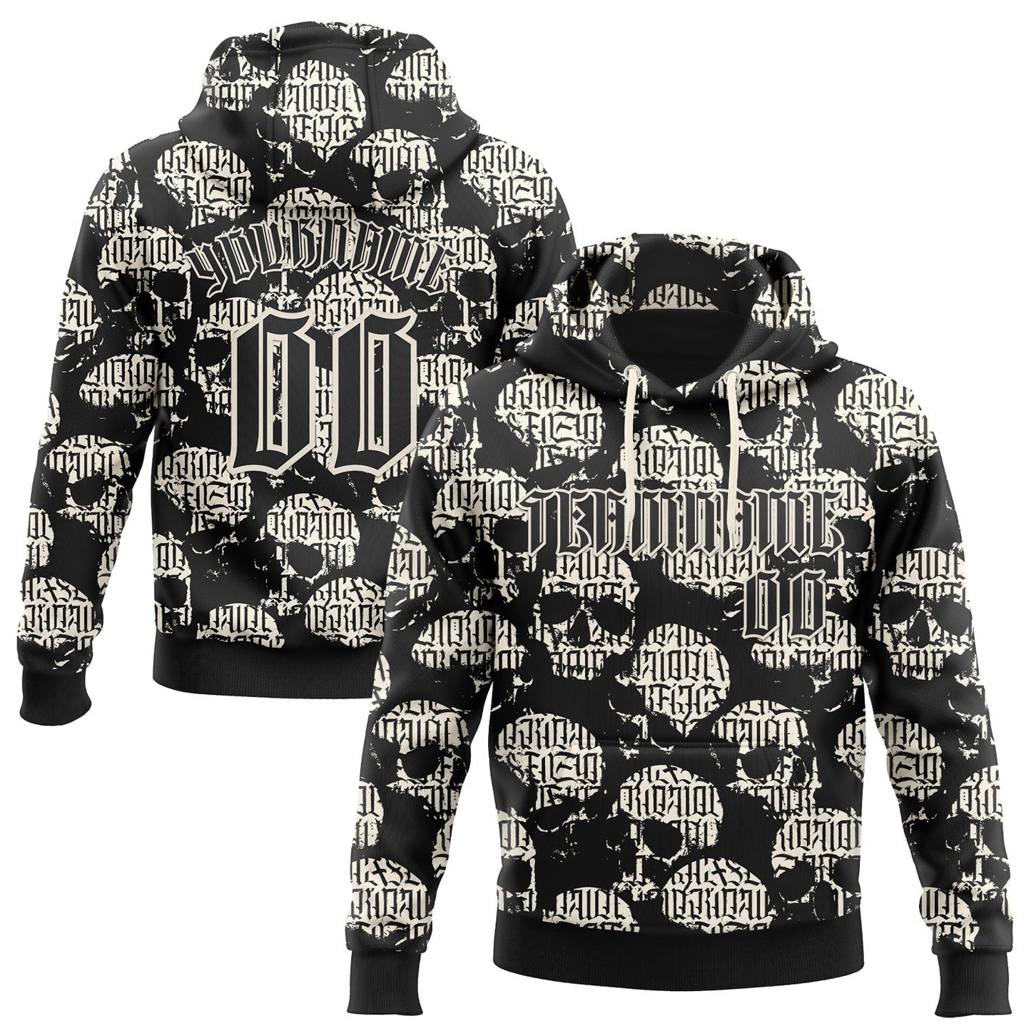 Custom Black Cream 3D Skull Gothic Vintage Grunge Art Sports Pullover Sweatshirt Hoodie - Main View