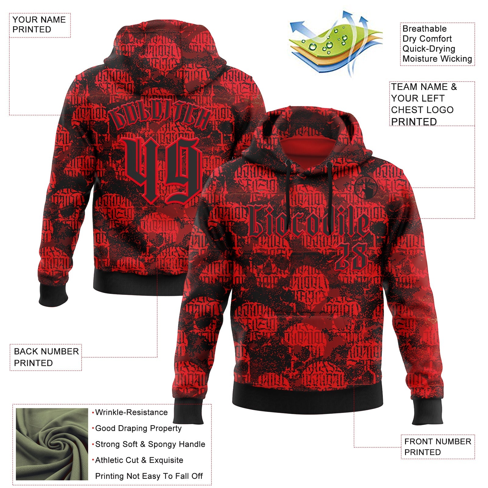 Custom Fire Red Black 3D Skull Gothic Vintage Grunge Art Sports Pullover Sweatshirt Hoodie view 2