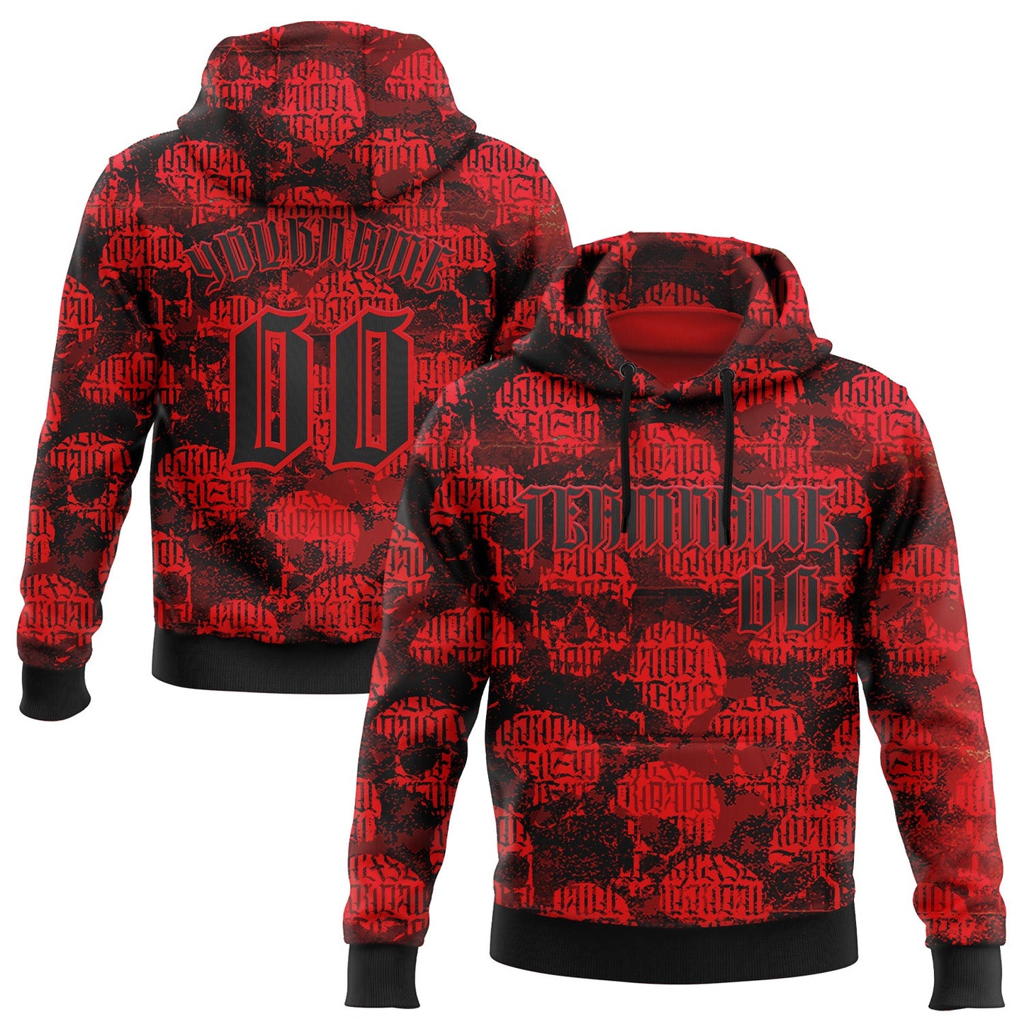 Custom Fire Red Black 3D Skull Gothic Vintage Grunge Art Sports Pullover Sweatshirt Hoodie - Main View