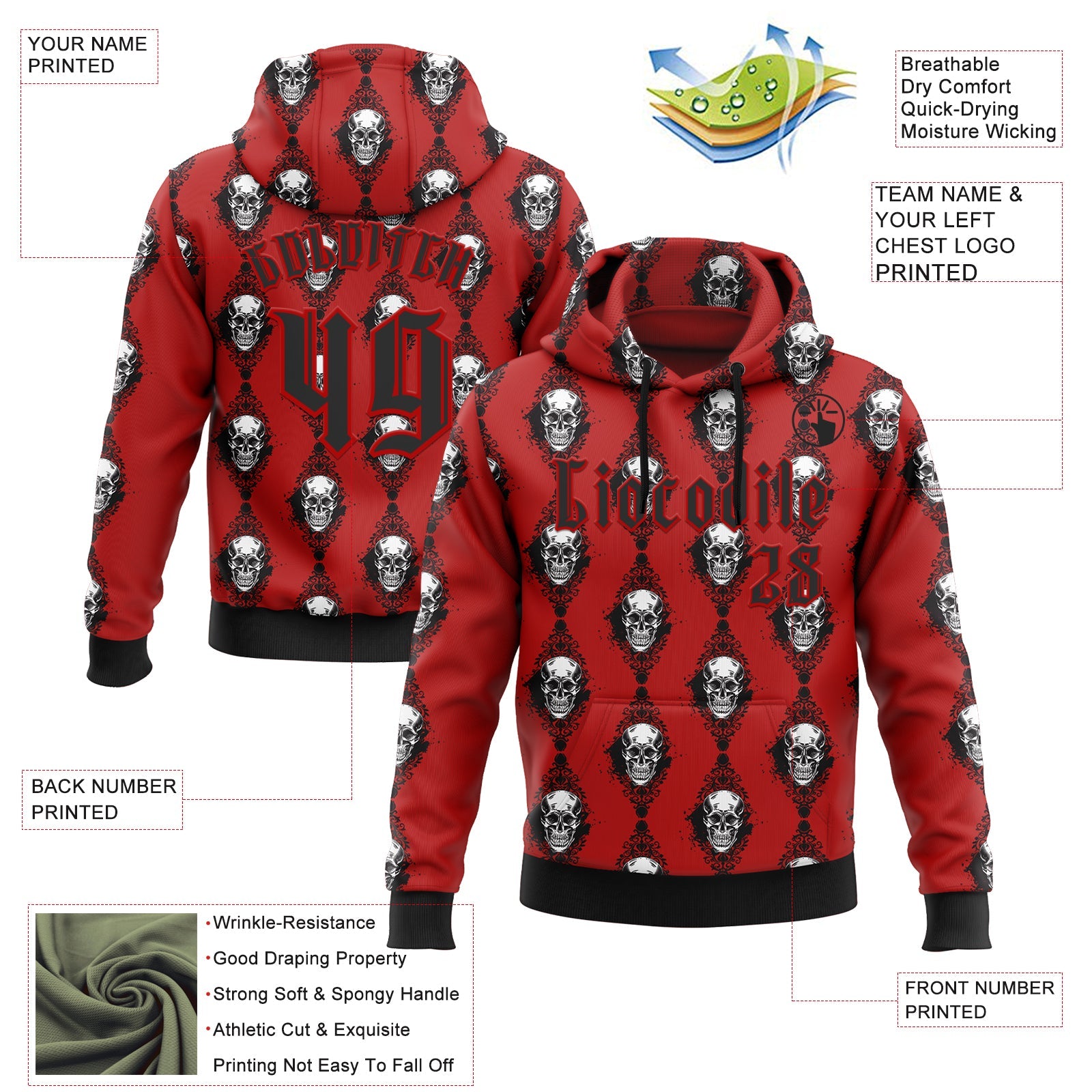 Custom Red Black 3D Skull Gothic Floral Pattern Diamond Grid Sports Pullover Sweatshirt Hoodie view 2